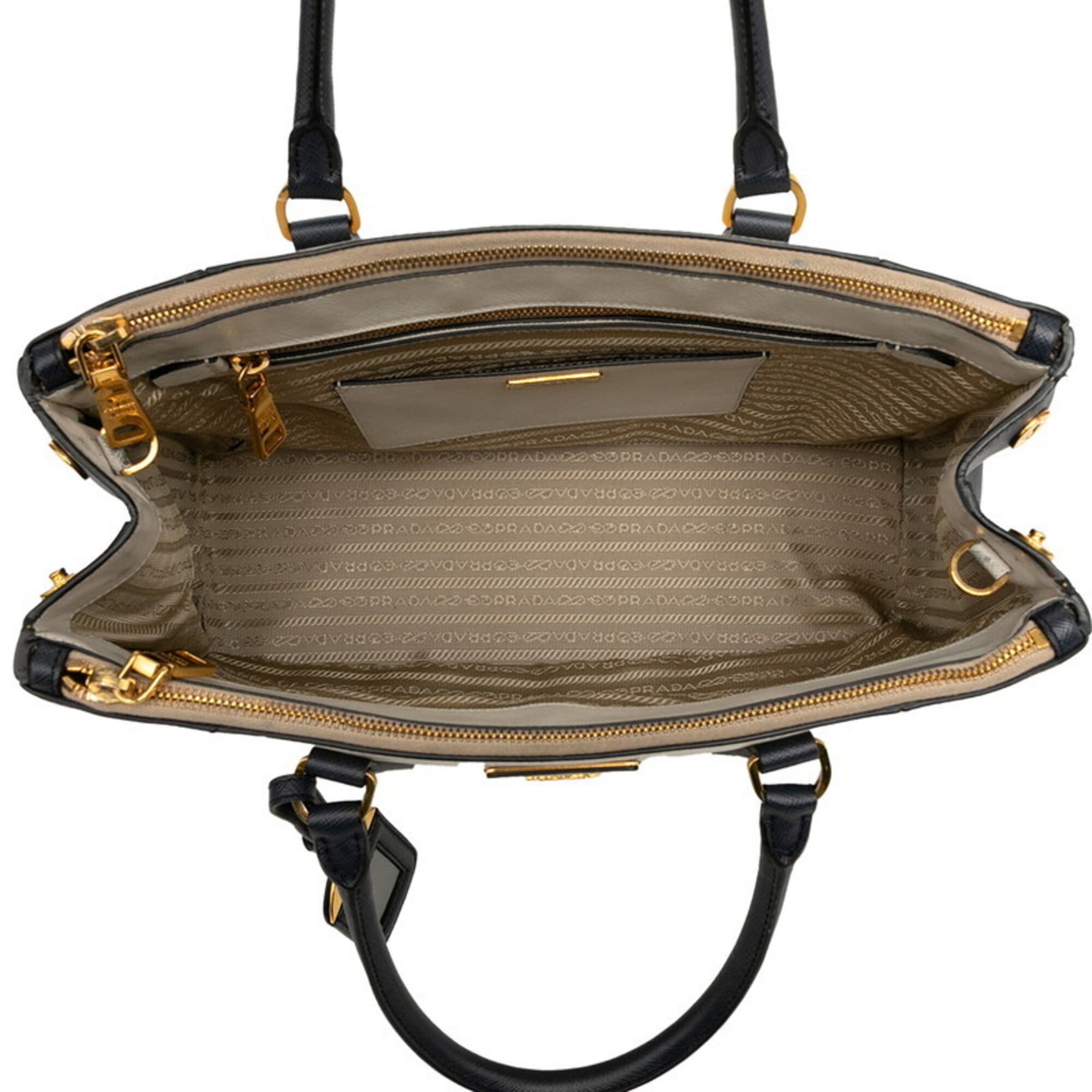 Prada Beige Ivory Navy Leather Handbag Shoulder Bag (Pre-Owned)