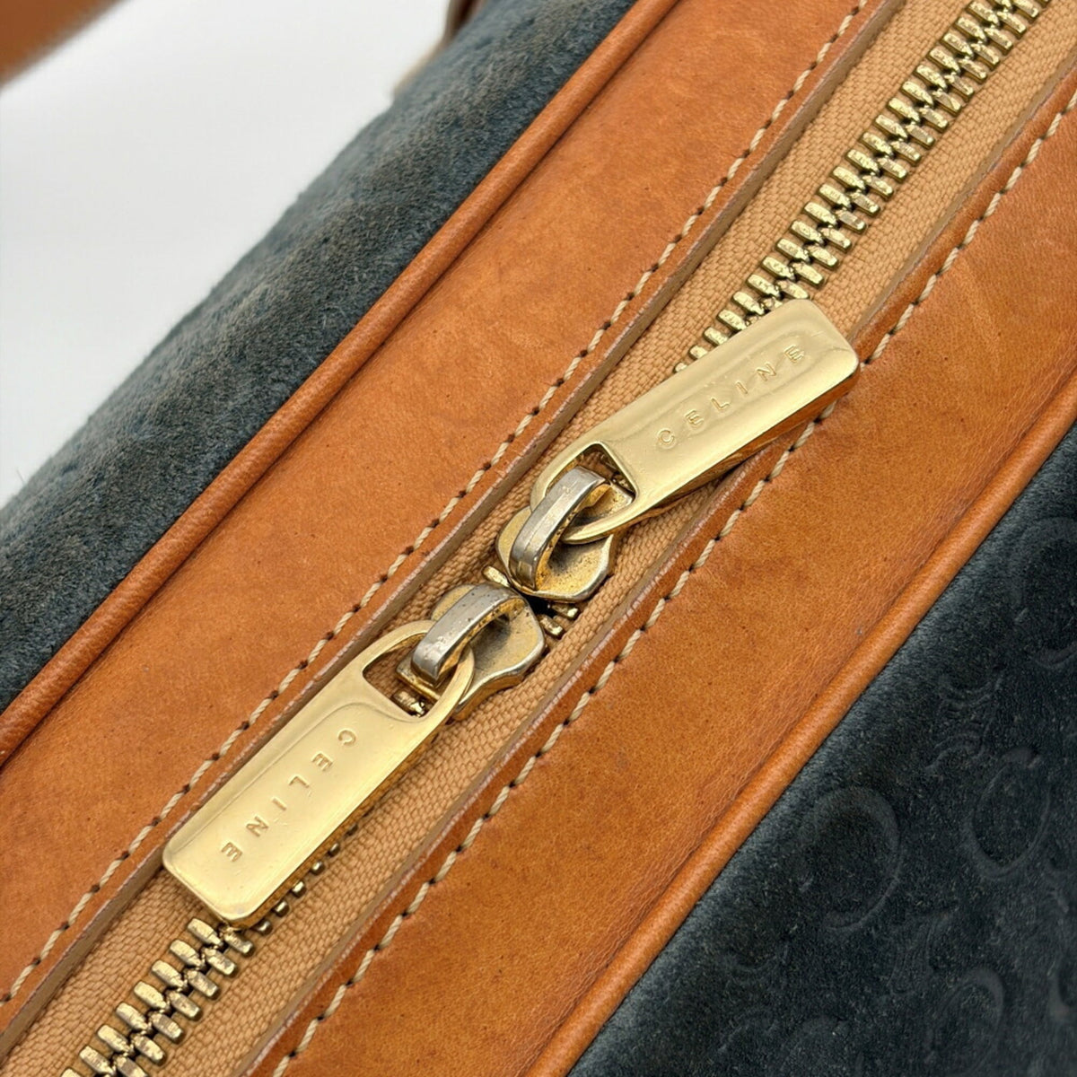 Celine Macadam Brown Navy Suede Leather Boston Bag (Pre-Owned)
