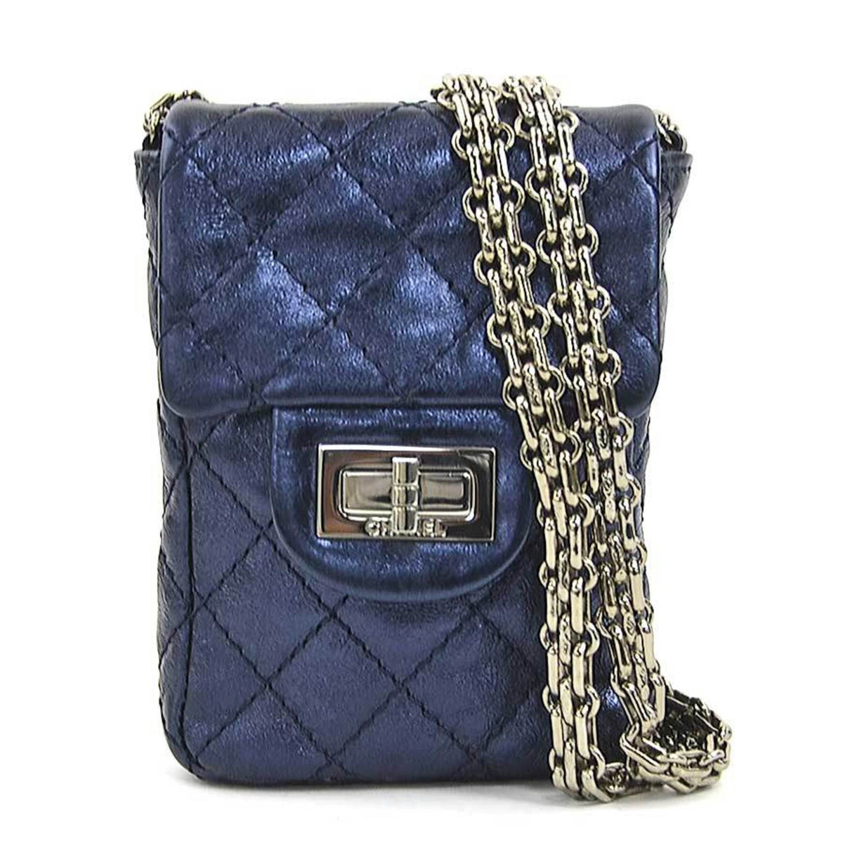 Chanel Metallic Navy Leather Pouch Shoulder Bag (Pre-Owned)