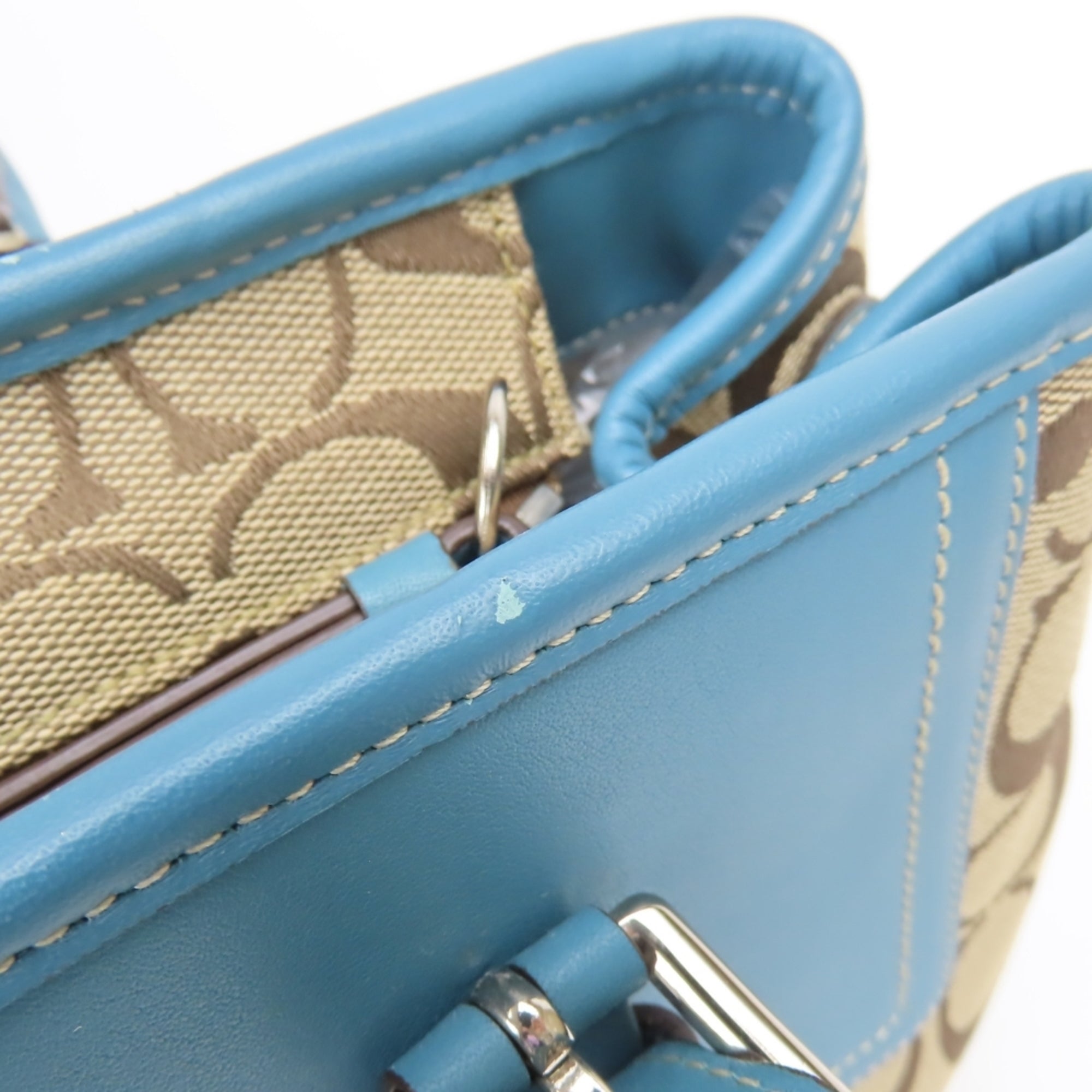 Coach Beige Blue Signature Line Canvas Leather Handbag (Pre-Owned)