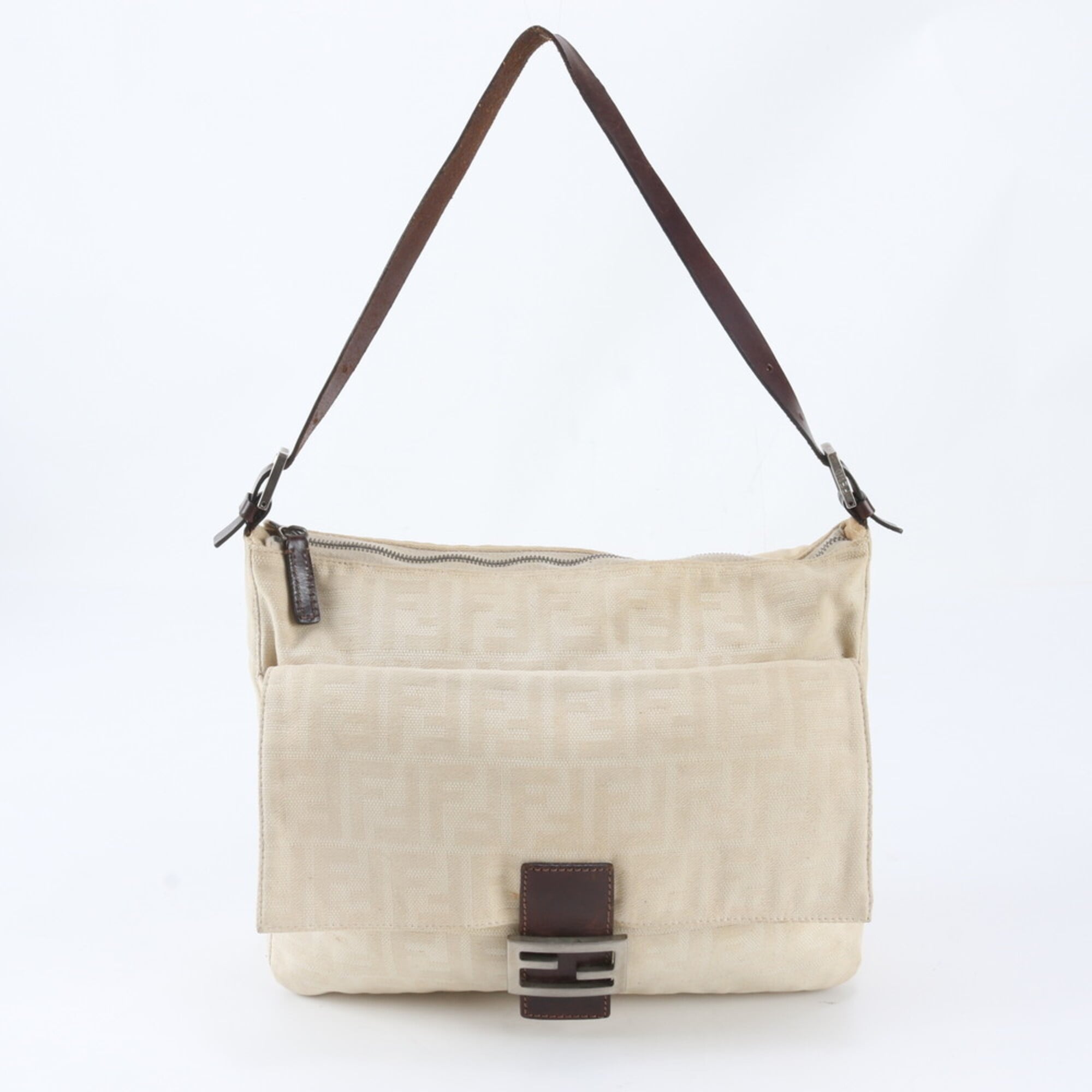 Fendi Beige Brown Leather Canvas Handbag Shoulder Bag (Pre-Owned)