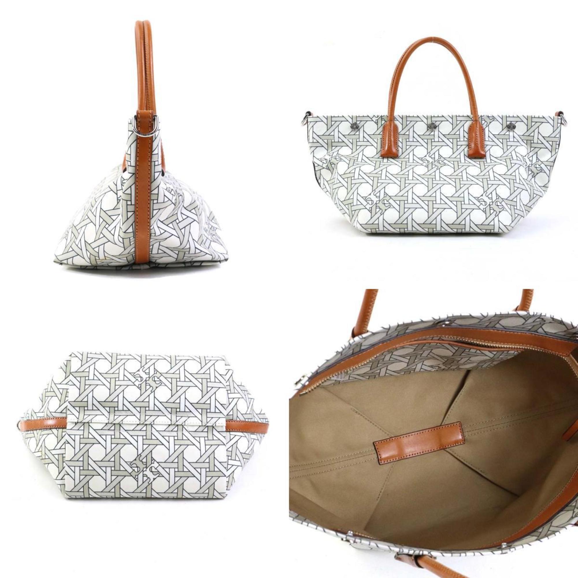 Tory Burch Brown White Nylon Canvas Leather Handbag Shoulder Bag (Pre-Owned)