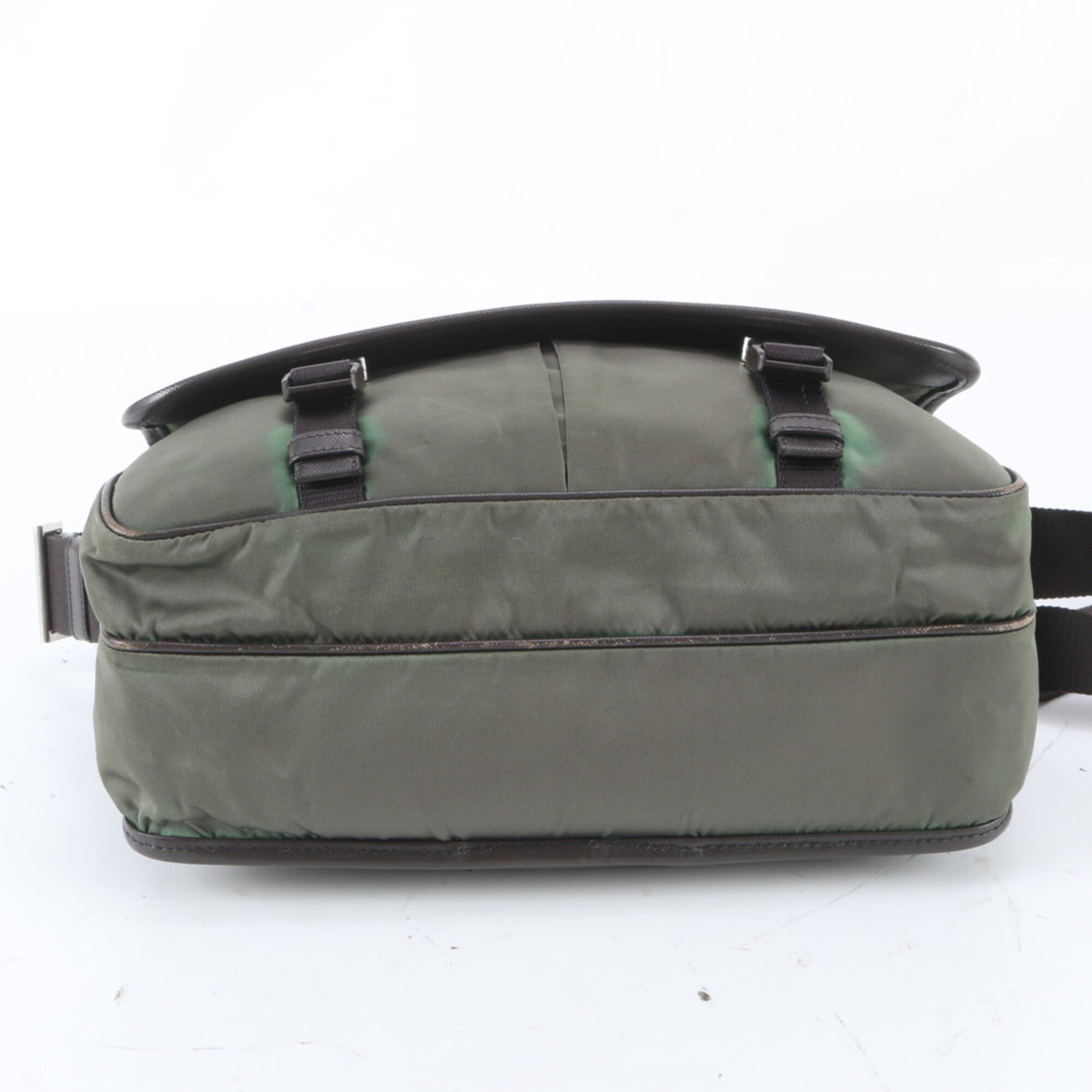 Prada Green Leather Nylon Messenger Bag Shoulder Bag (Pre-Owned)