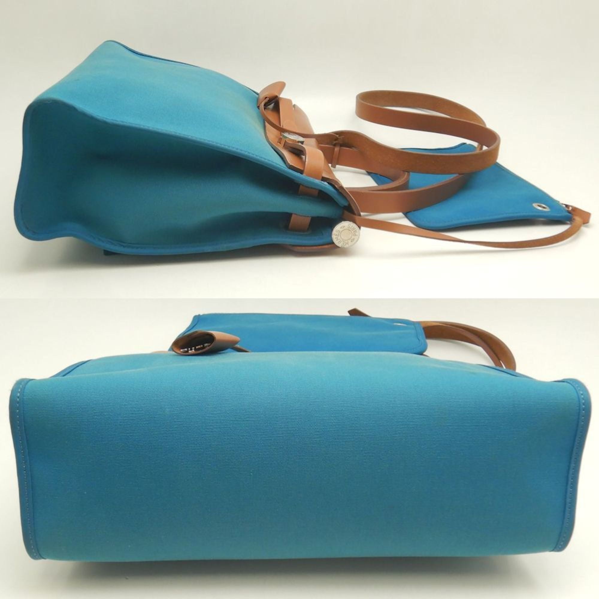 Hermes Her Bag Turquoise Blue Toile Officier Leather Handbag (Pre-Owned)