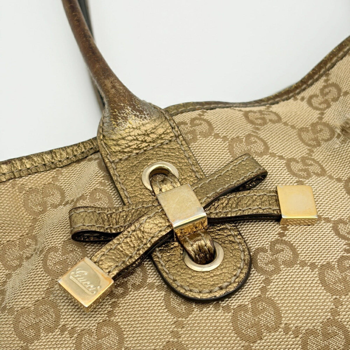 Gucci Beige Gold Gg Canvas Leather Shoulder Bag Tote Bag (Pre-Owned)