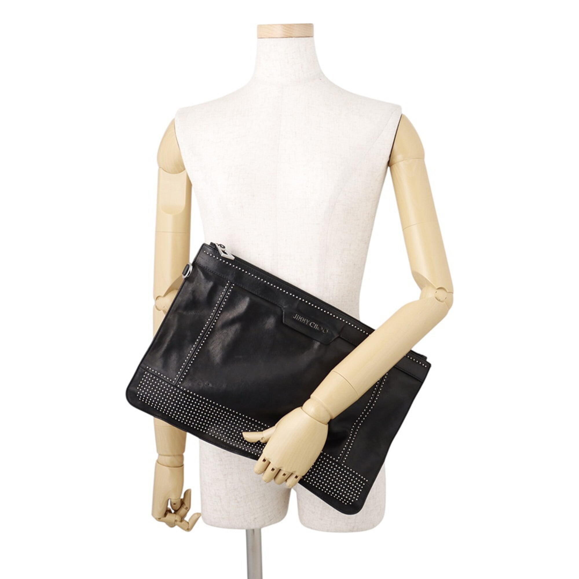 Jimmy Choo Black Leather Clutch Bag Handbag (Pre-Owned)