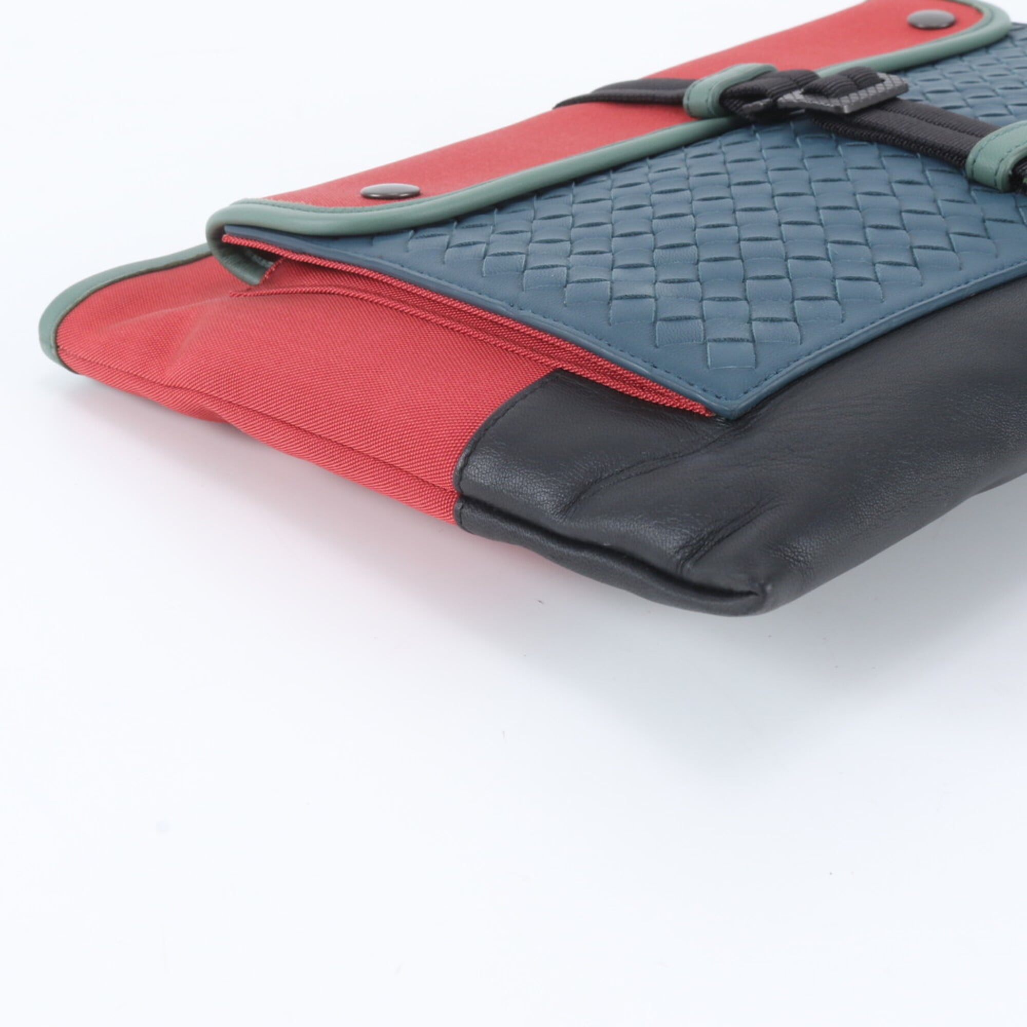 Bottega Veneta Red Color Leather Canvas Clutch Bag Pouch (Pre-Owned)