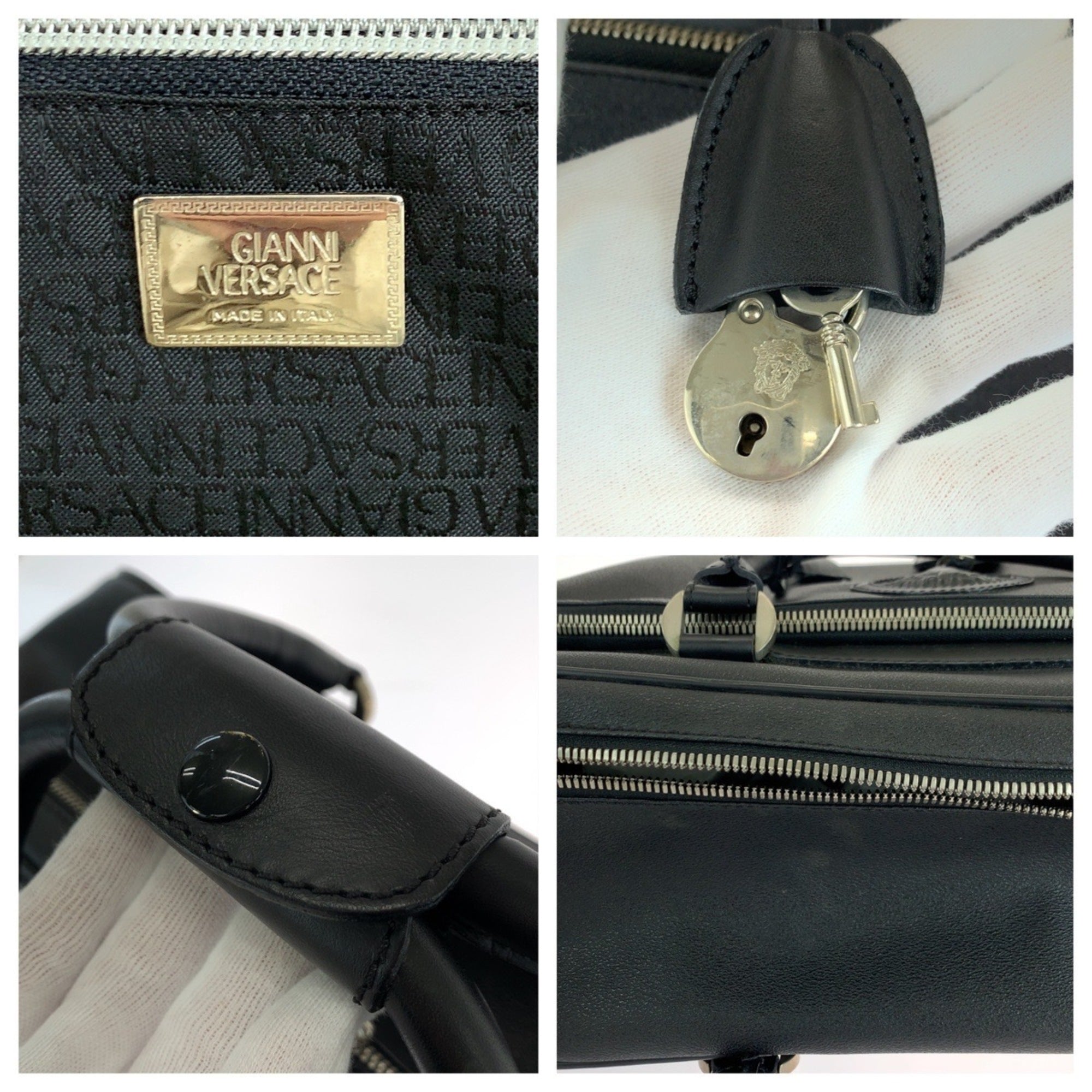 Versace Black Leather Boston Bag Handbag (Pre-Owned)