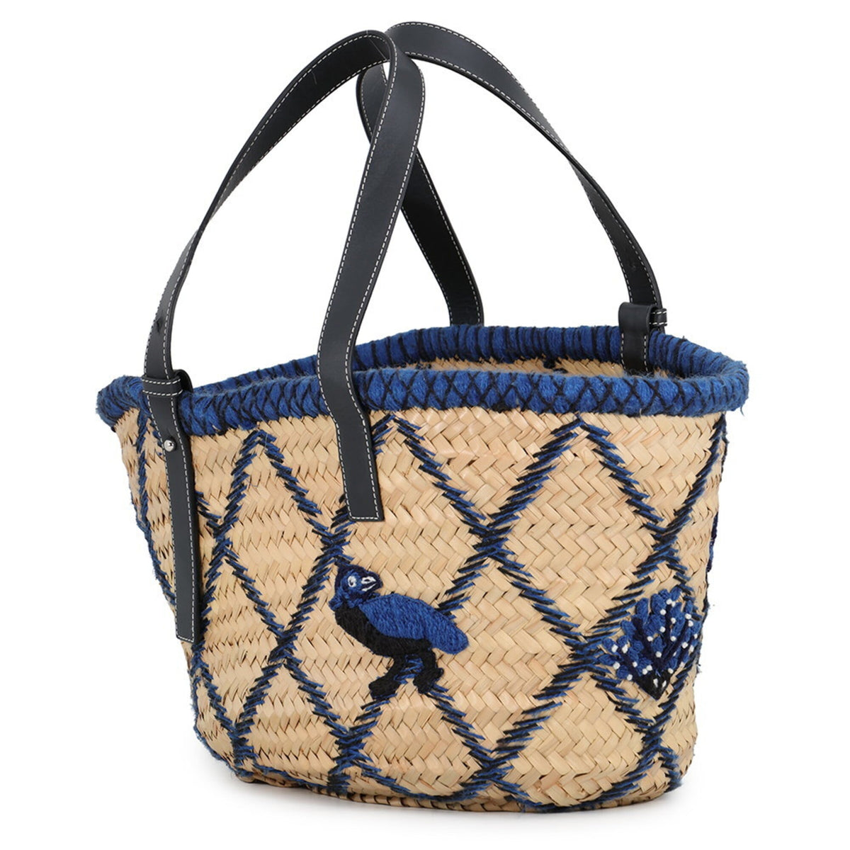Loewe Beige Blue Navy Raffia Leather Basket Handbag (Pre-Owned)