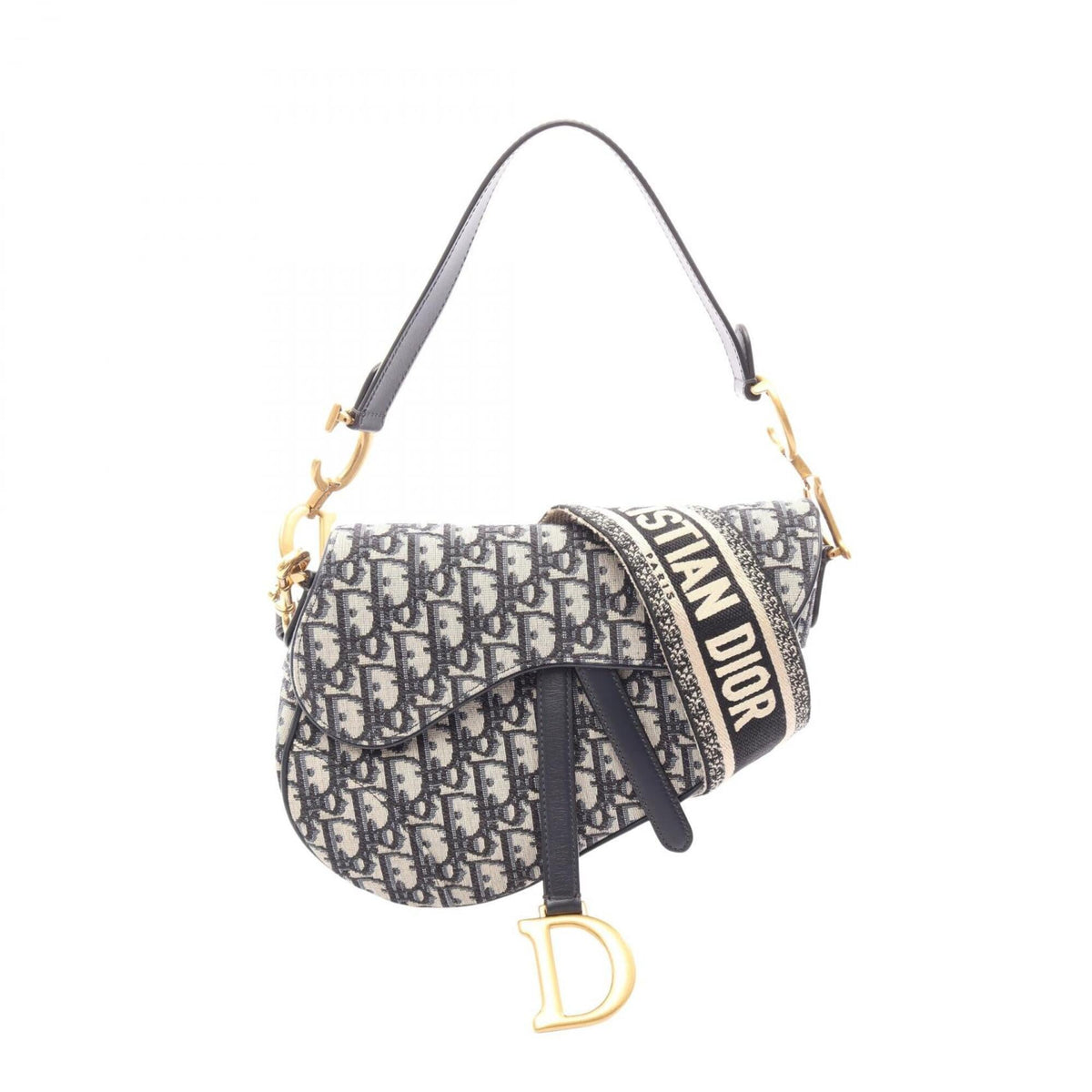 Christian Dior Beige Navy Canvas Leather Saddle Bag (Pre-Owned)