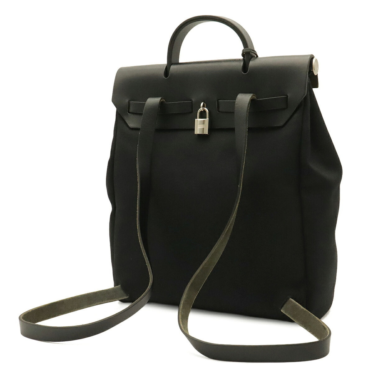 Hermes Her Bag Black Toile Officier Leather Backpack Handbag (Pre-Owned)