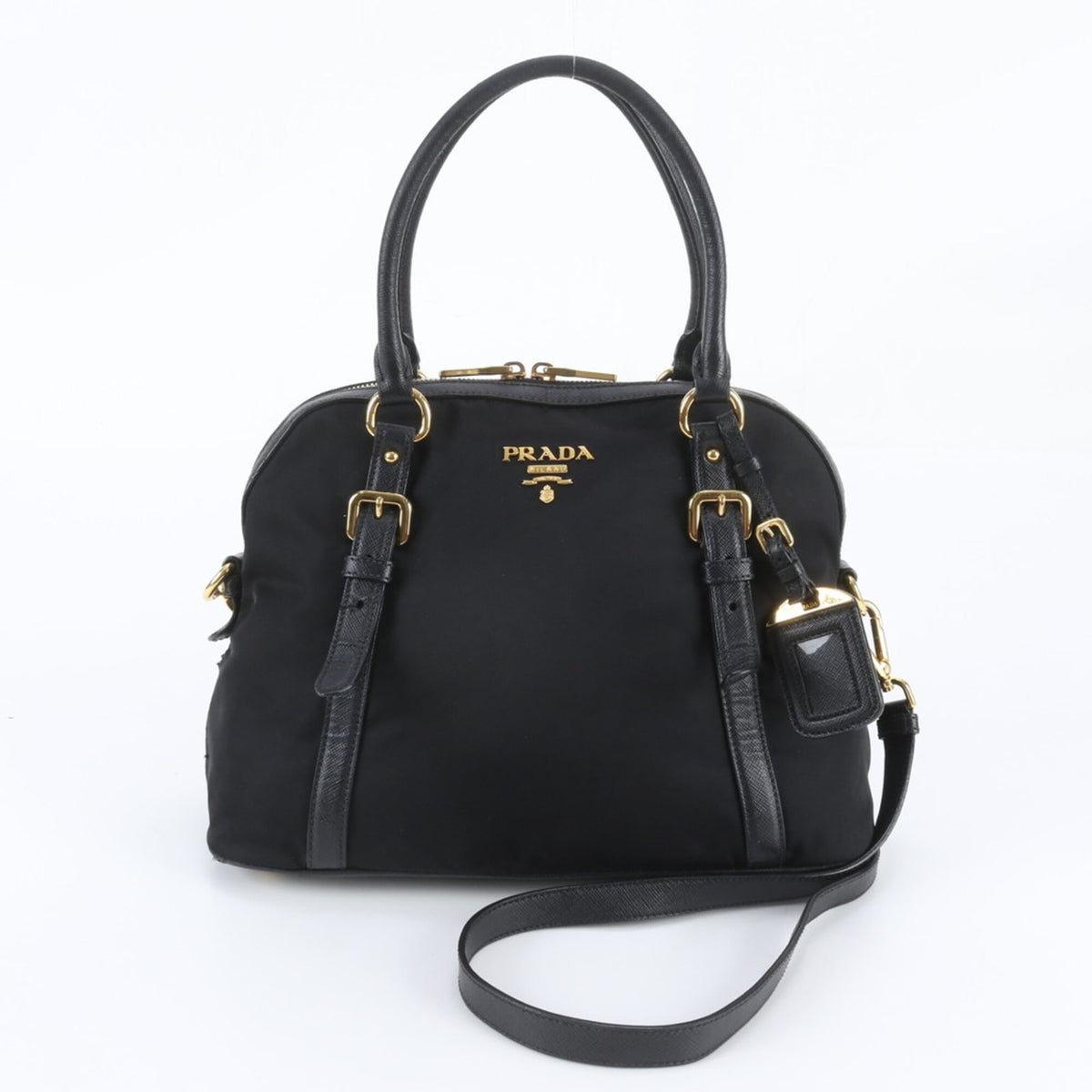 Prada Black Leather Nylon Handbag Shoulder Bag Tote Bag (Pre-Owned)