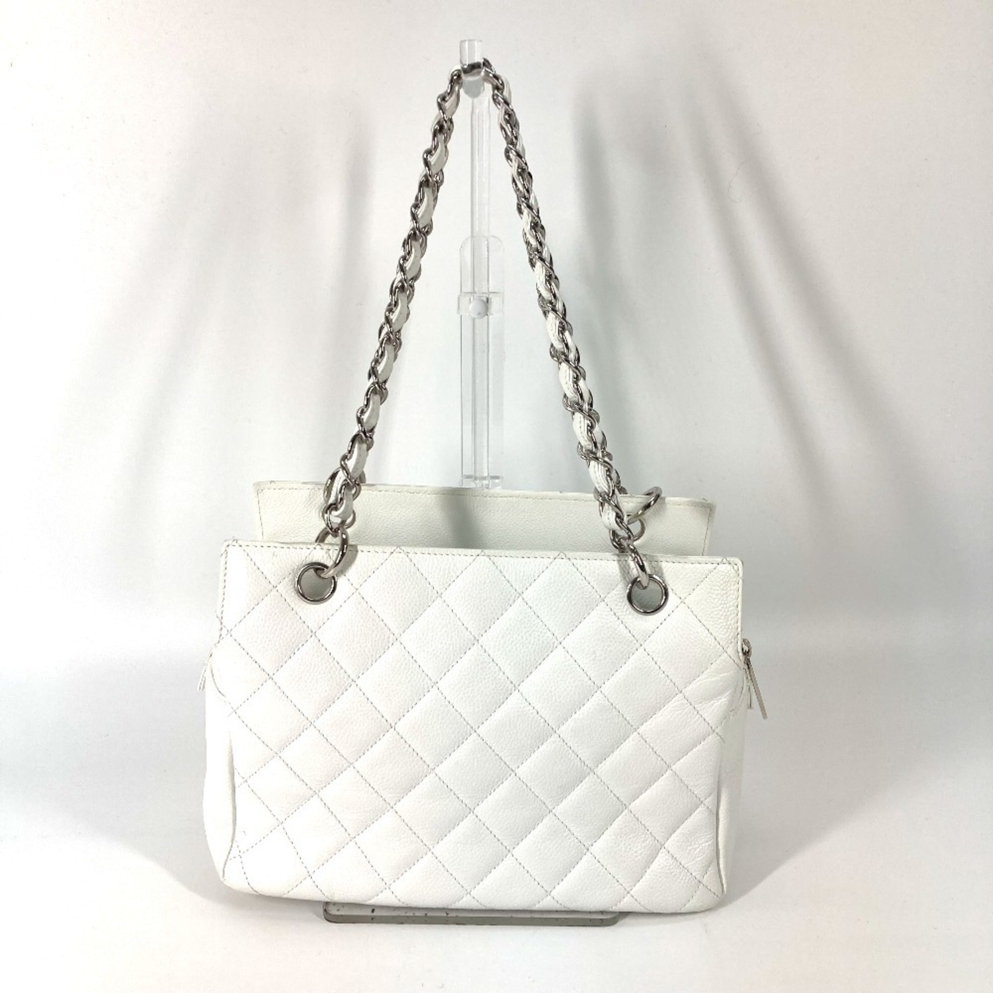 Chanel Matelasse Silver White Caviar Leather Shoulder Bag Tote Bag (Pre-Owned)