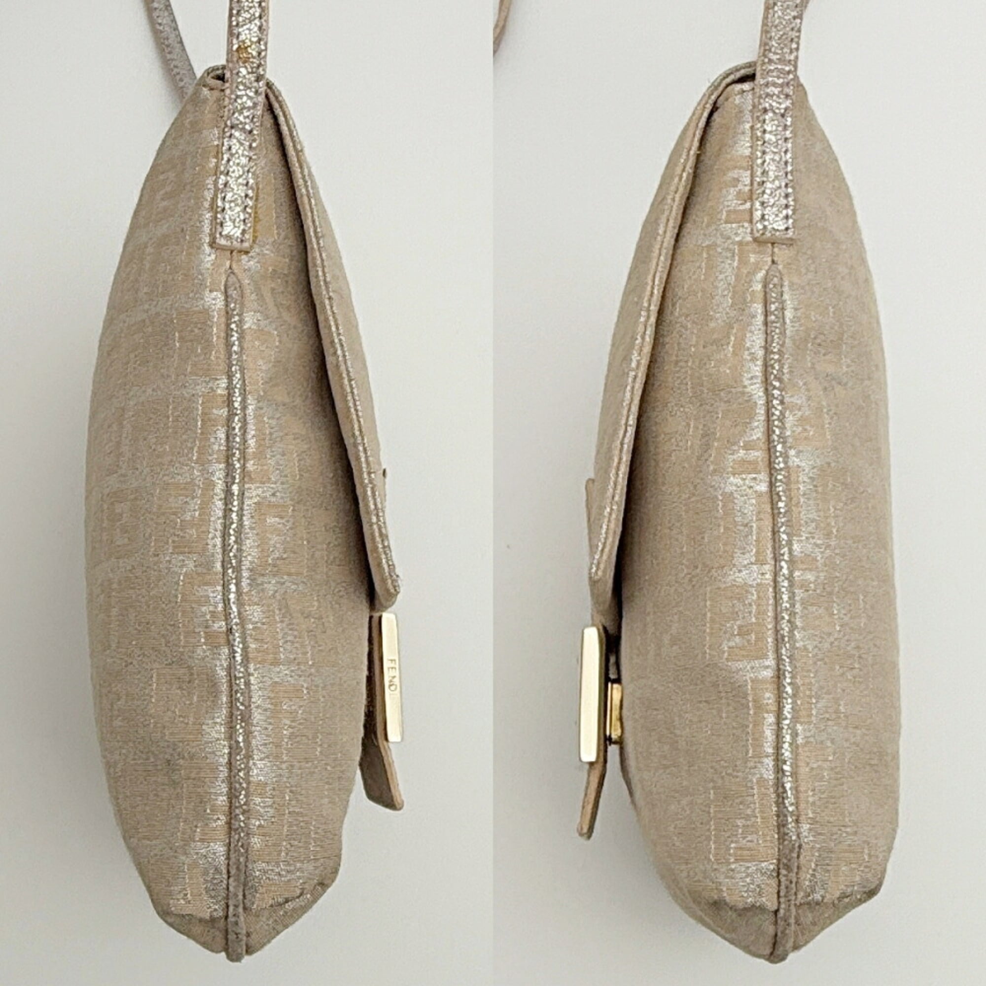 Fendi Zucchino Beige Silver Canvas Leather Pochette Shoulder Bag (Pre-Owned)