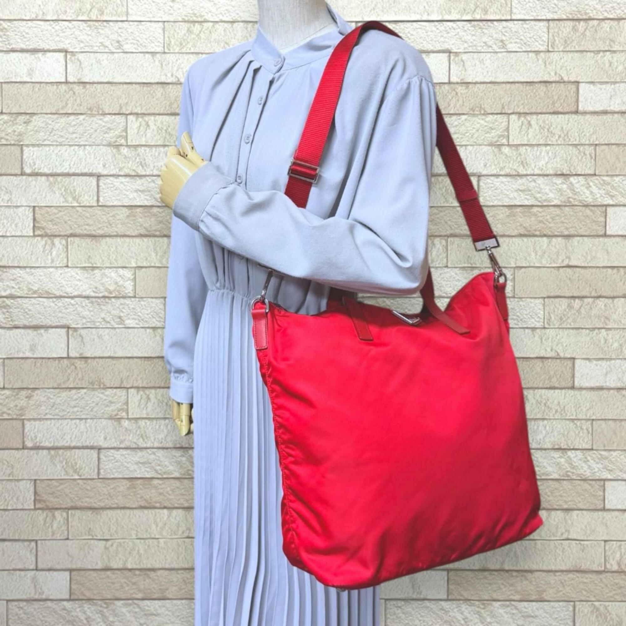 Prada Red Color Nylon Handbag Tote Bag (Pre-Owned)