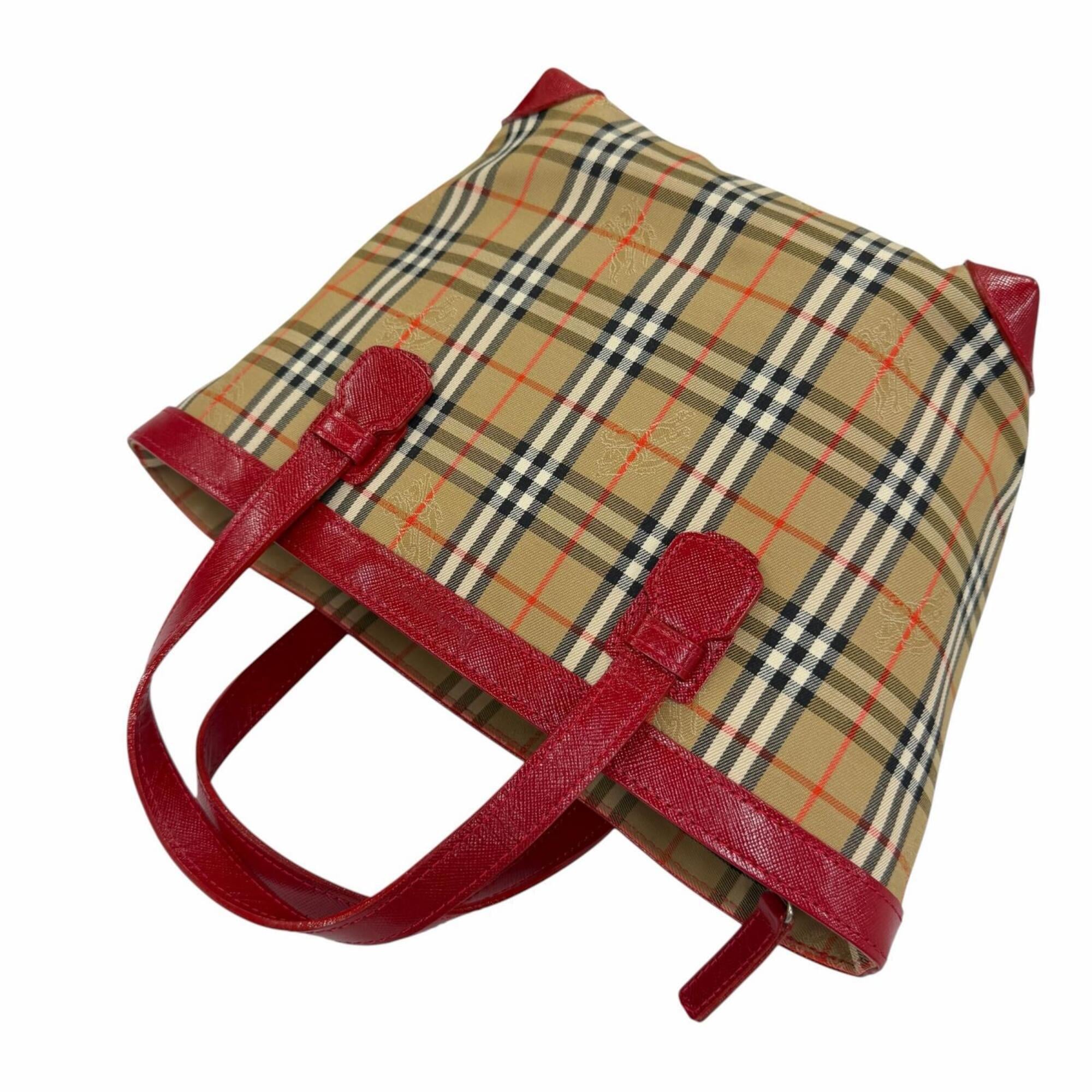 Burberry Brown Red Color Canvas Leather Handbag (Pre-Owned)