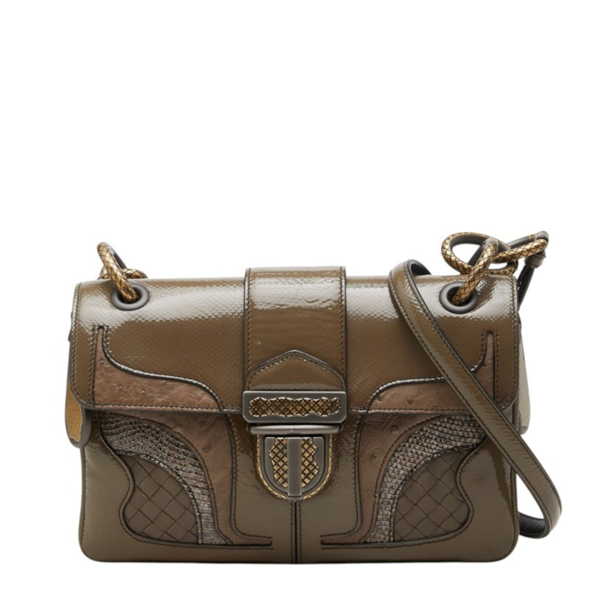 Bottega Veneta Brown Gray Patent Leather Silver 925 Leather Shoulder Bag (Pre-Owned)
