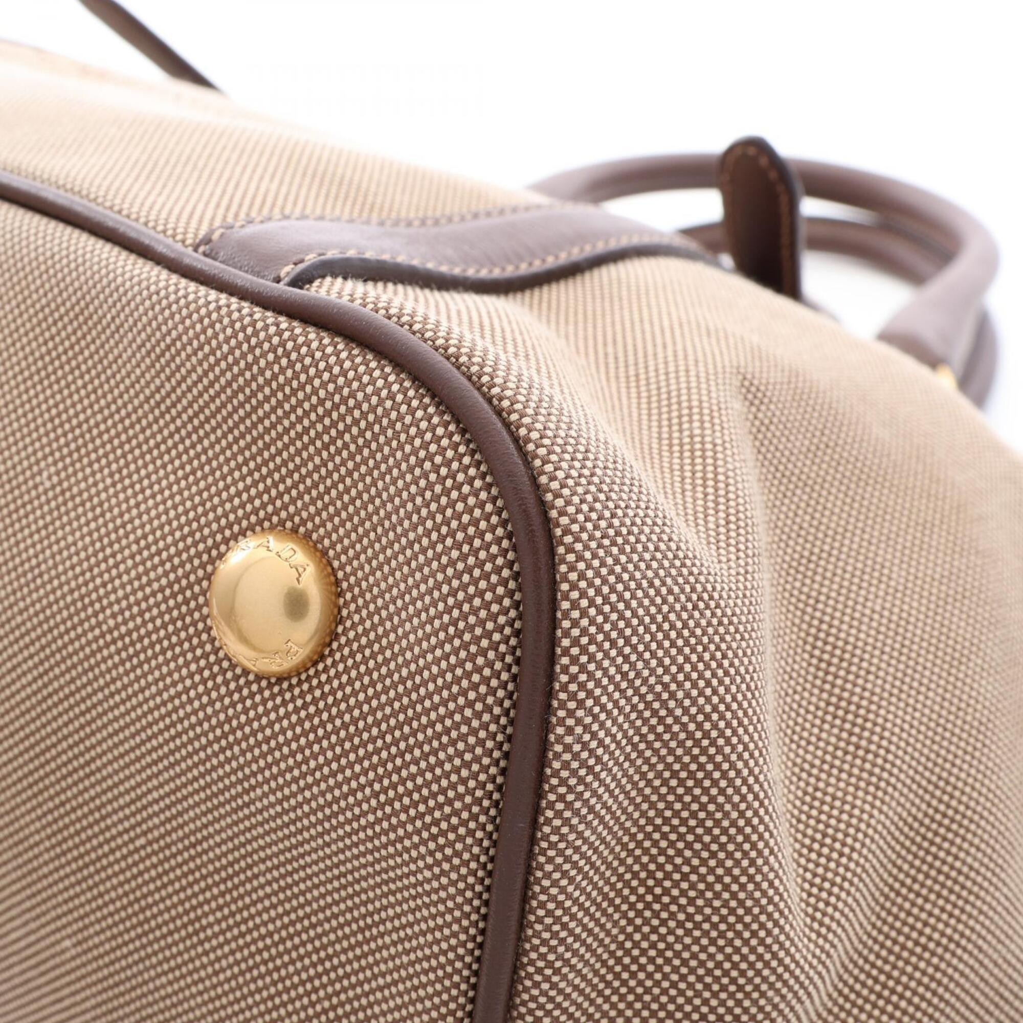 Prada Beige Brown Canvas Leather Handbag Tote Bag (Pre-Owned)