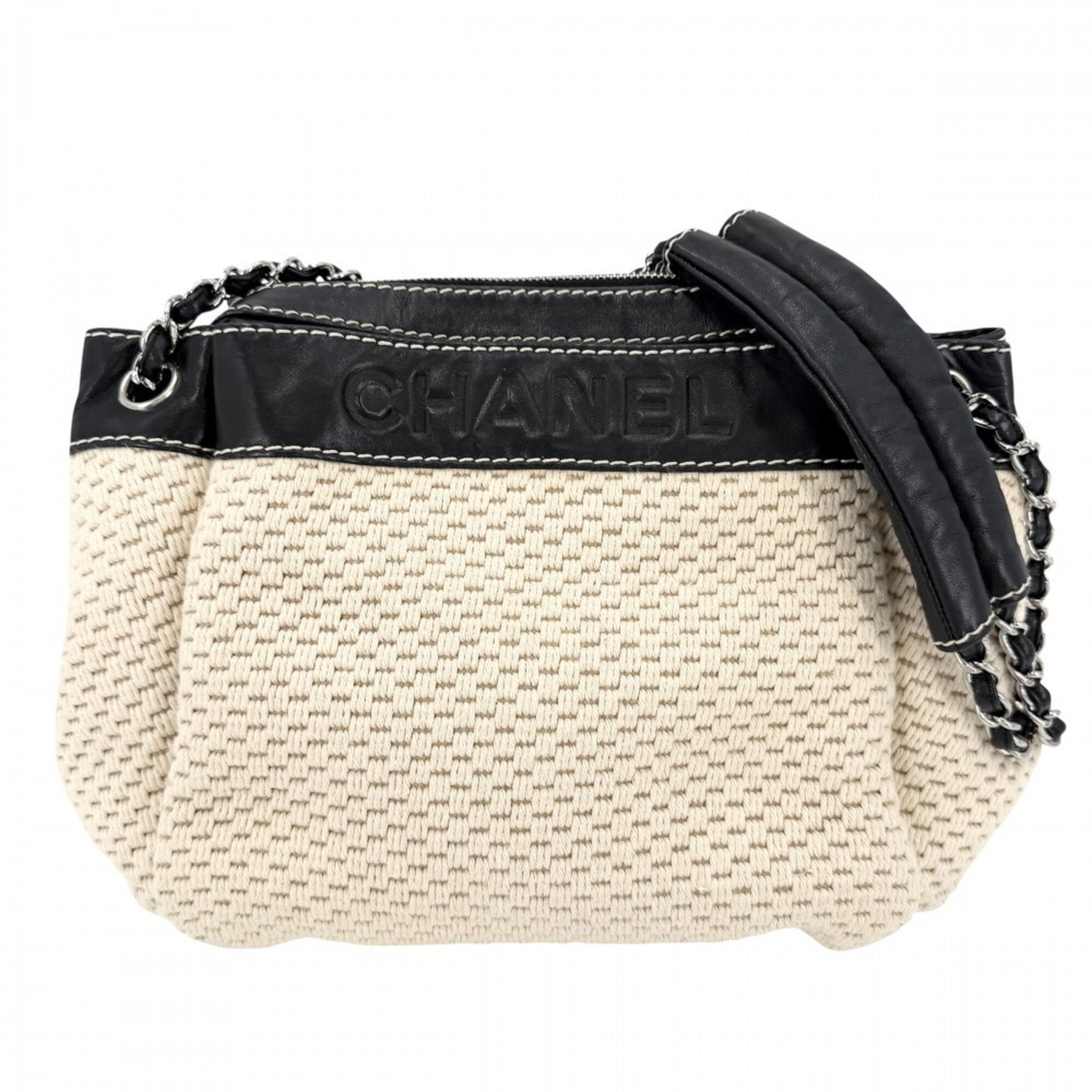 Chanel Beige Black Leather Canvas Handbag (Pre-Owned)