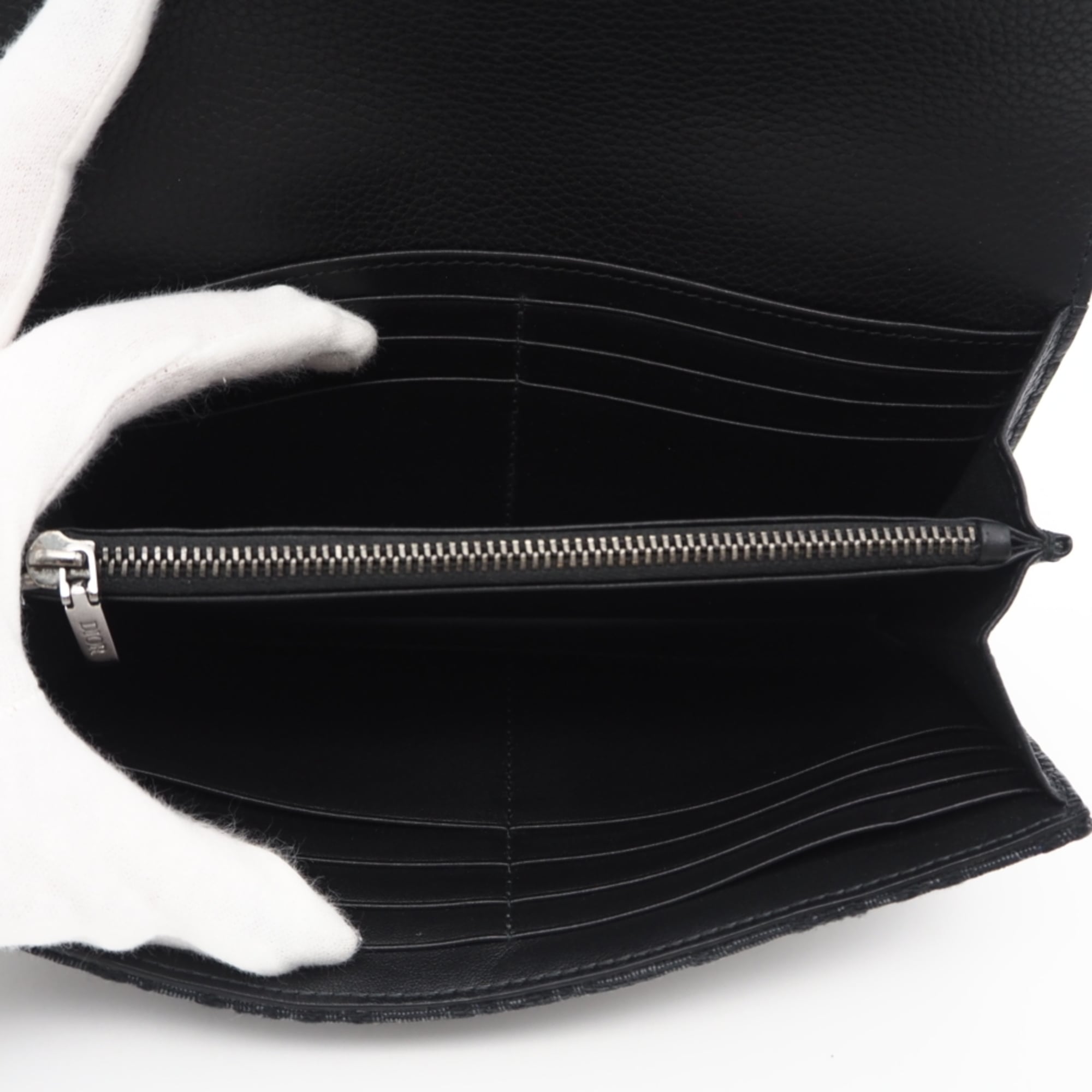 Christian Dior Black Gray Leather Canvas Long Wallet (Bi-Fold) (Pre-Owned)
