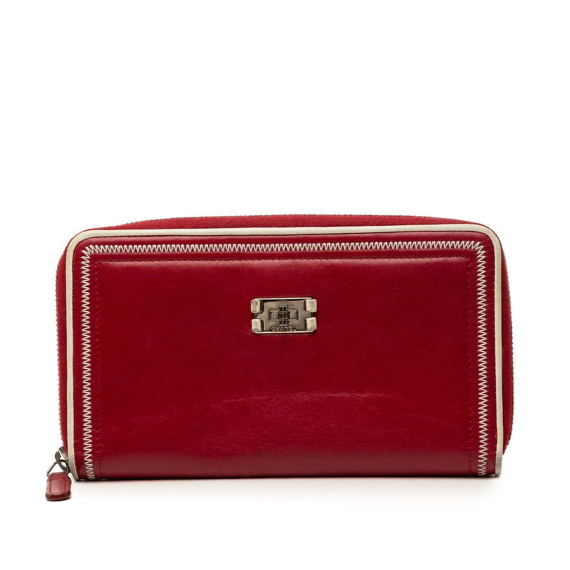 Chanel Red Color Leather Long Wallet (Bi-Fold) (Pre-Owned)