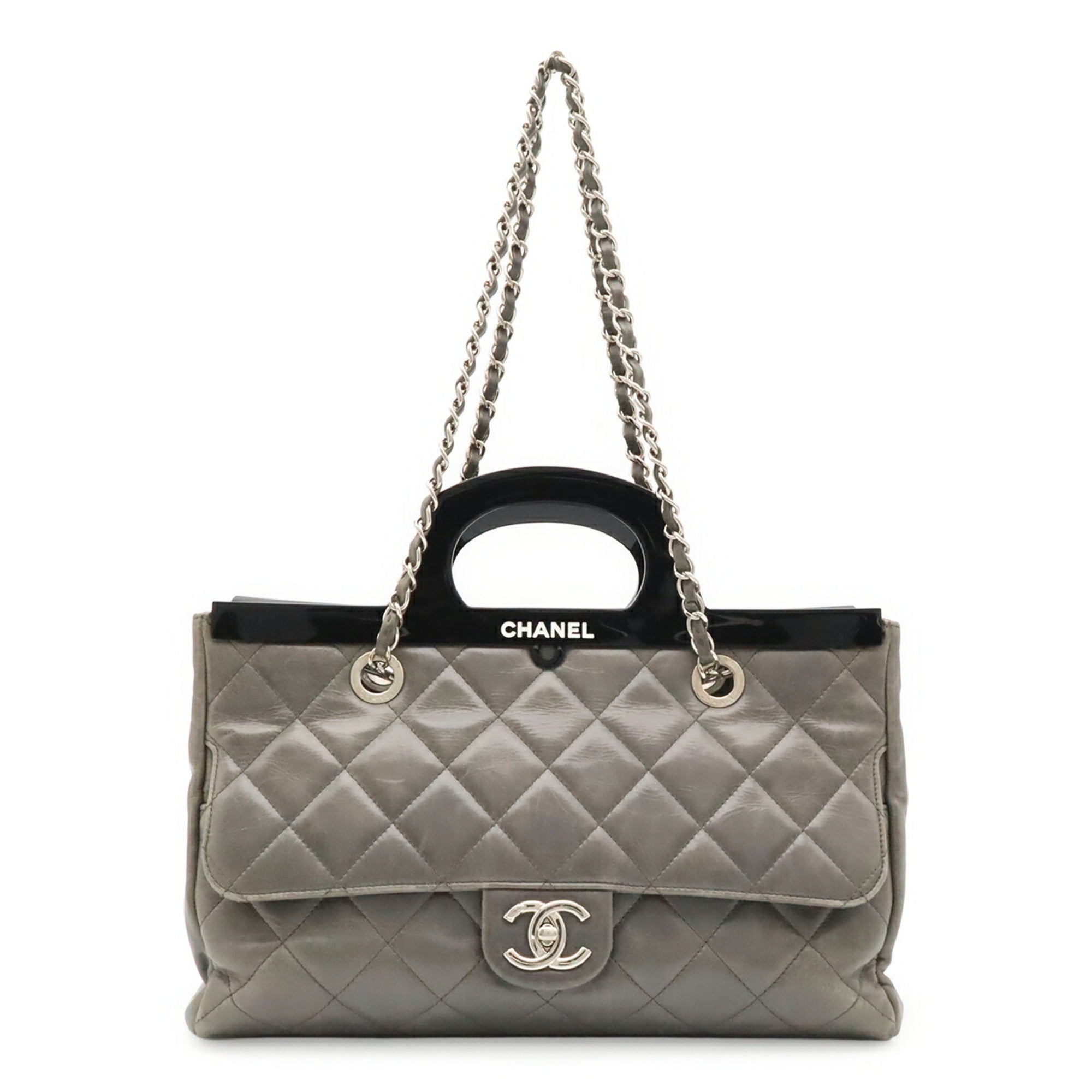 Chanel Black Gray Leather Handbag Shoulder Bag (Pre-Owned)