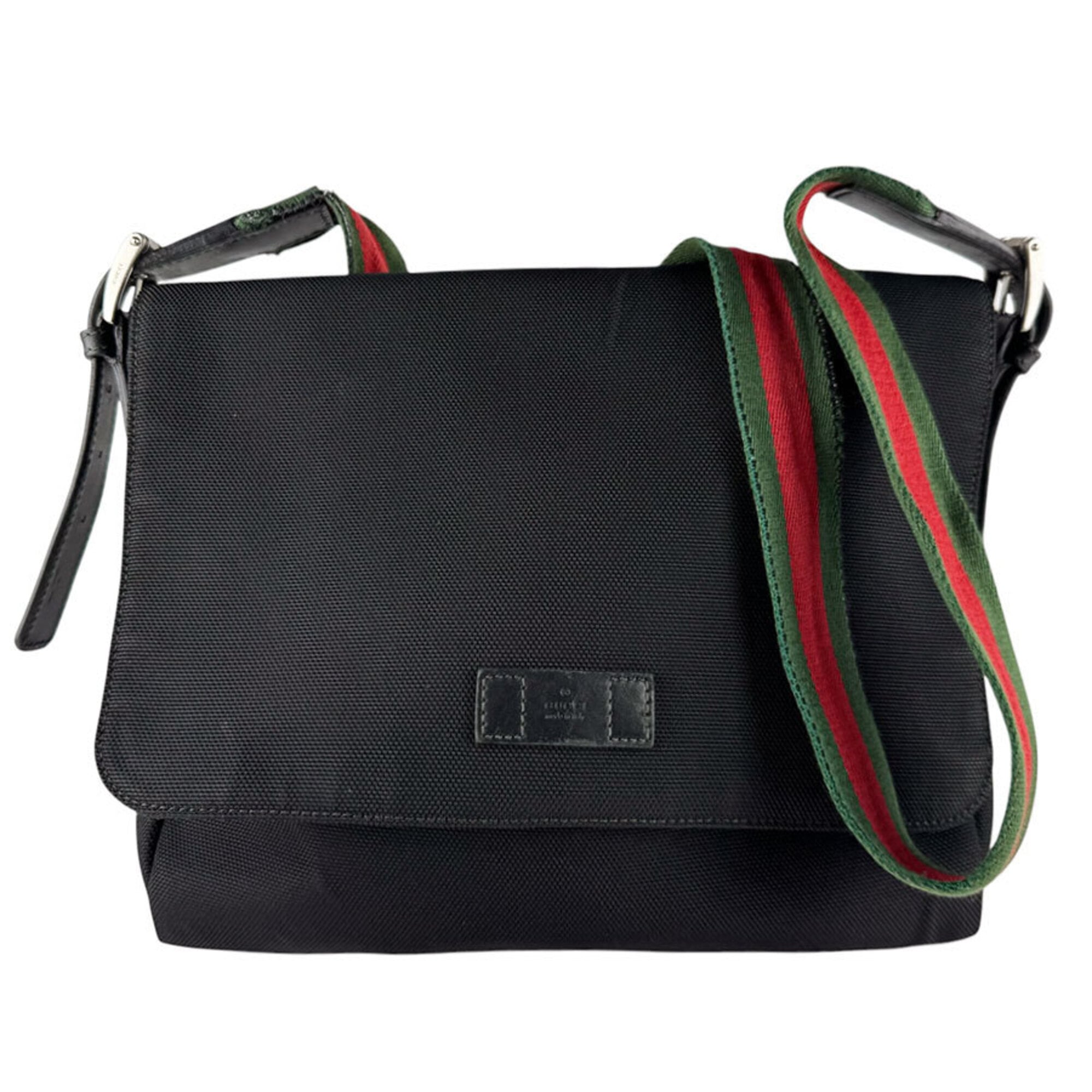 Gucci Black Green Red Color Canvas Shoulder Bag (Pre-Owned)