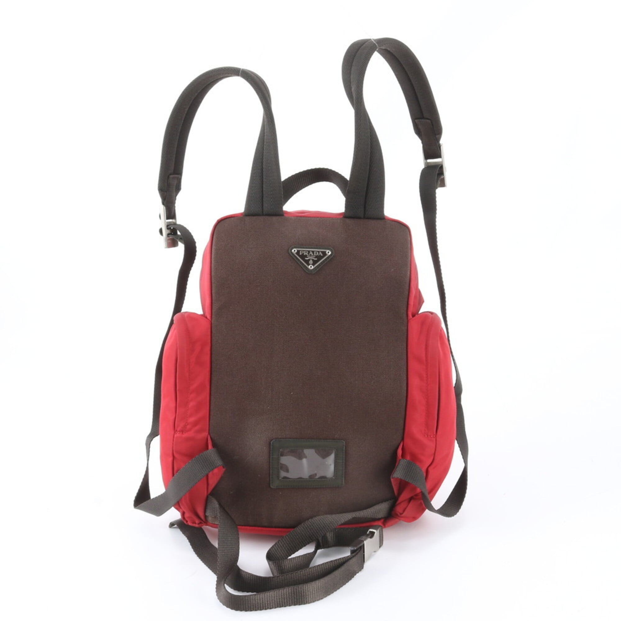 Prada Brown Red Color Nylon Leather Backpack Handbag (Pre-Owned)