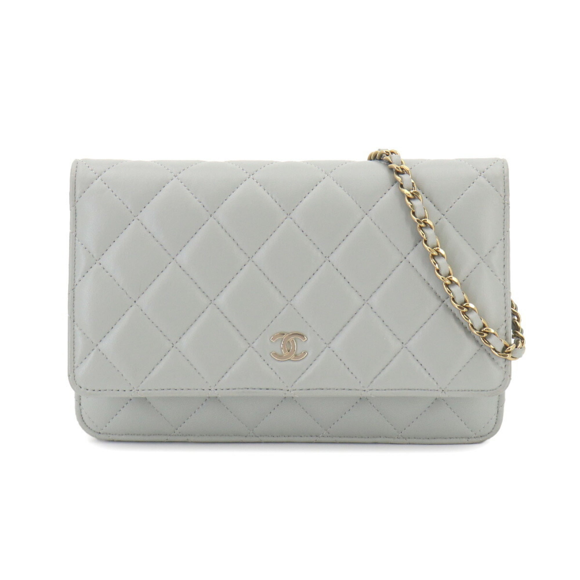 Chanel Light Gray Leather Chain/Shoulder Wallet (Pre-Owned)