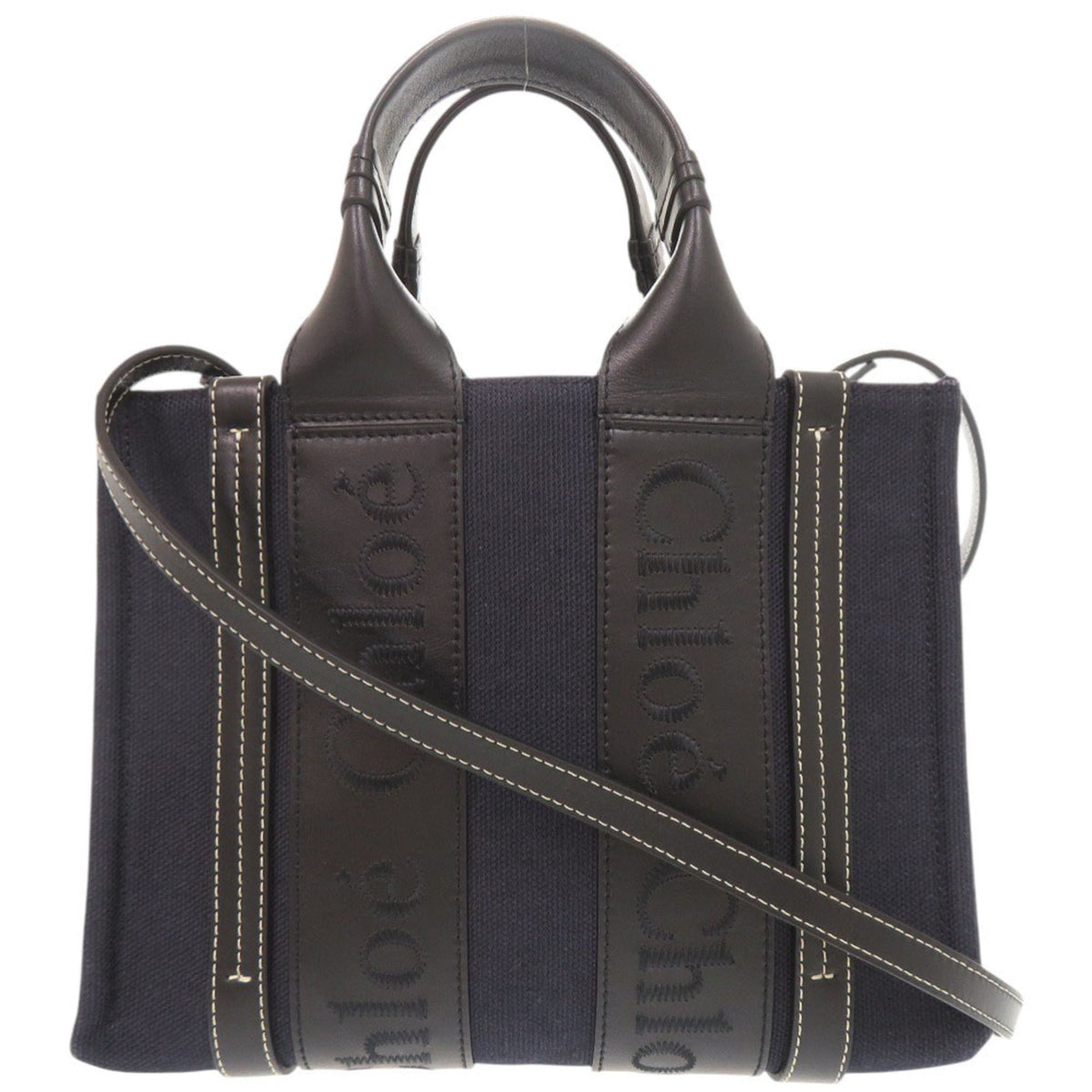 Chloé Black Navy Leather Linen Canvas Handbag Shoulder Bag Tote Bag (Pre-Owned)