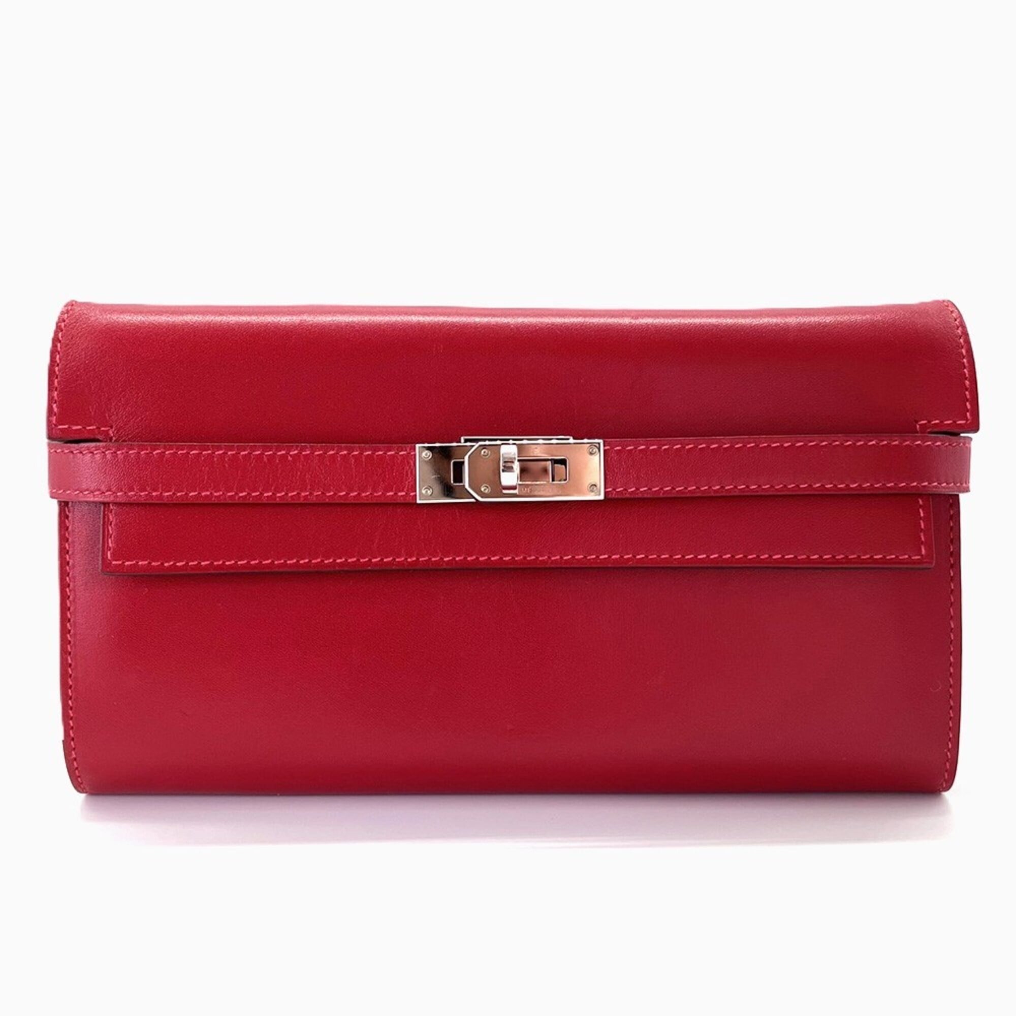 Hermes Red Color Box Calf Leather Long Wallet (Bi-Fold) (Pre-Owned)