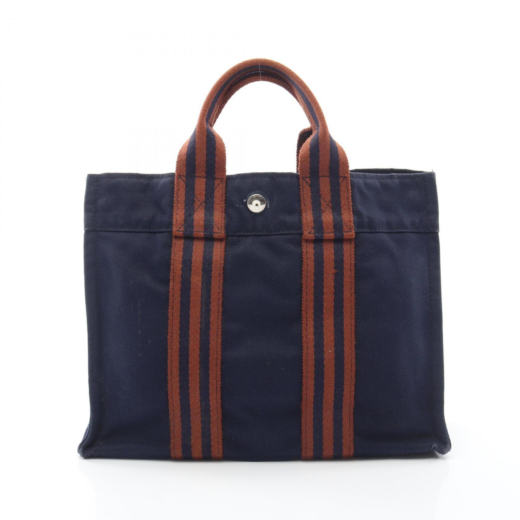 Hermes Brown Navy Canvas Handbag Tote Bag (Pre-Owned)