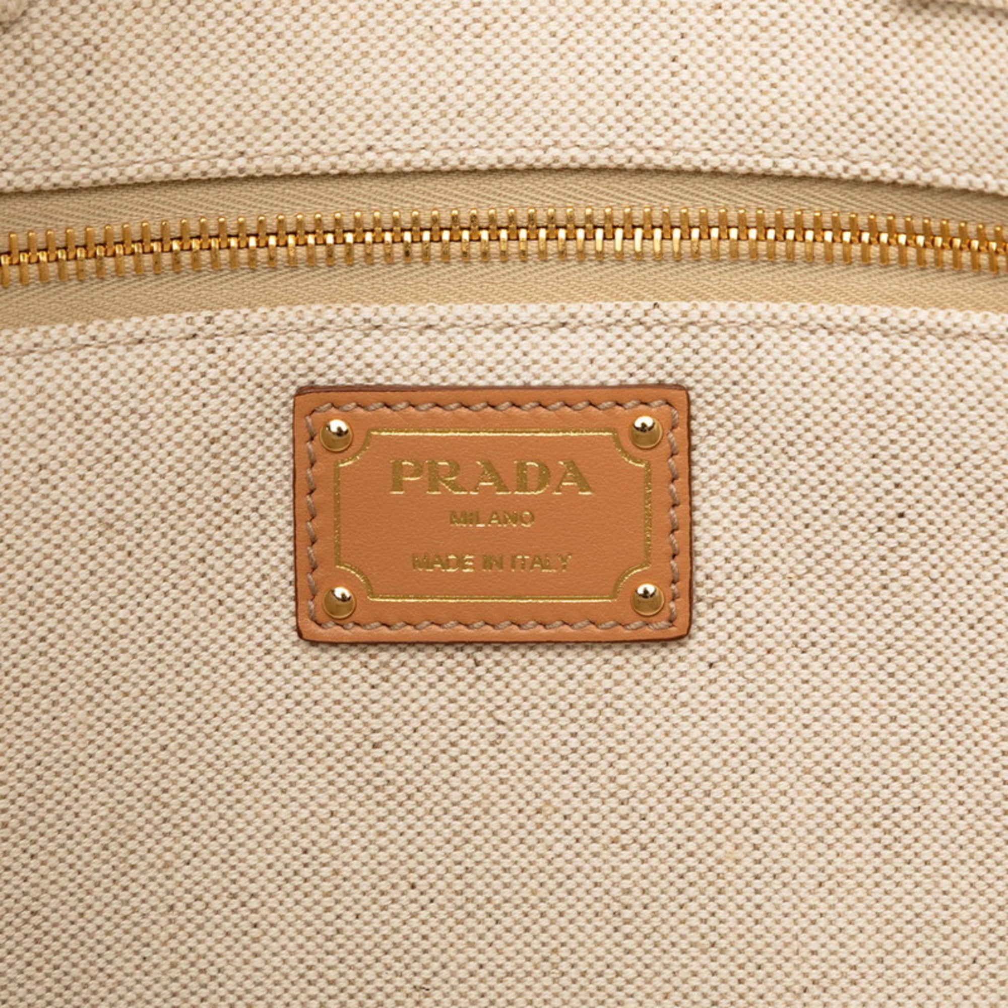 Prada Beige White Canvas Leather Tote Bag (Pre-Owned)