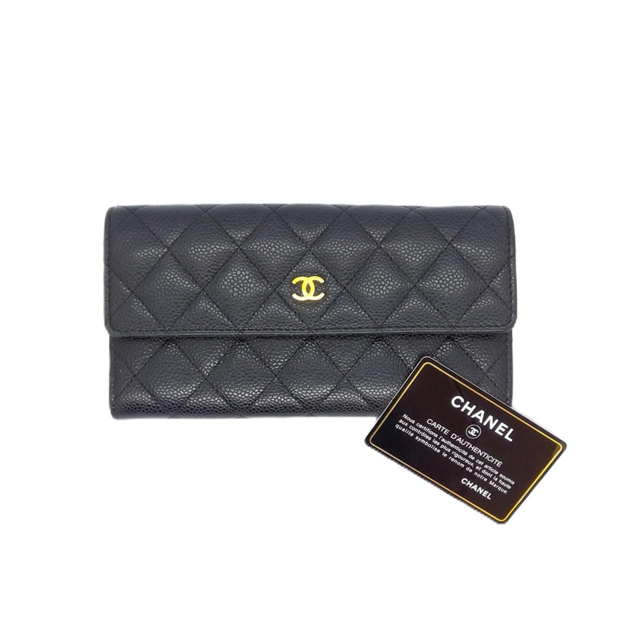 Chanel Black Grained Calfskin Long Wallet (Bi-Fold) (Pre-Owned)