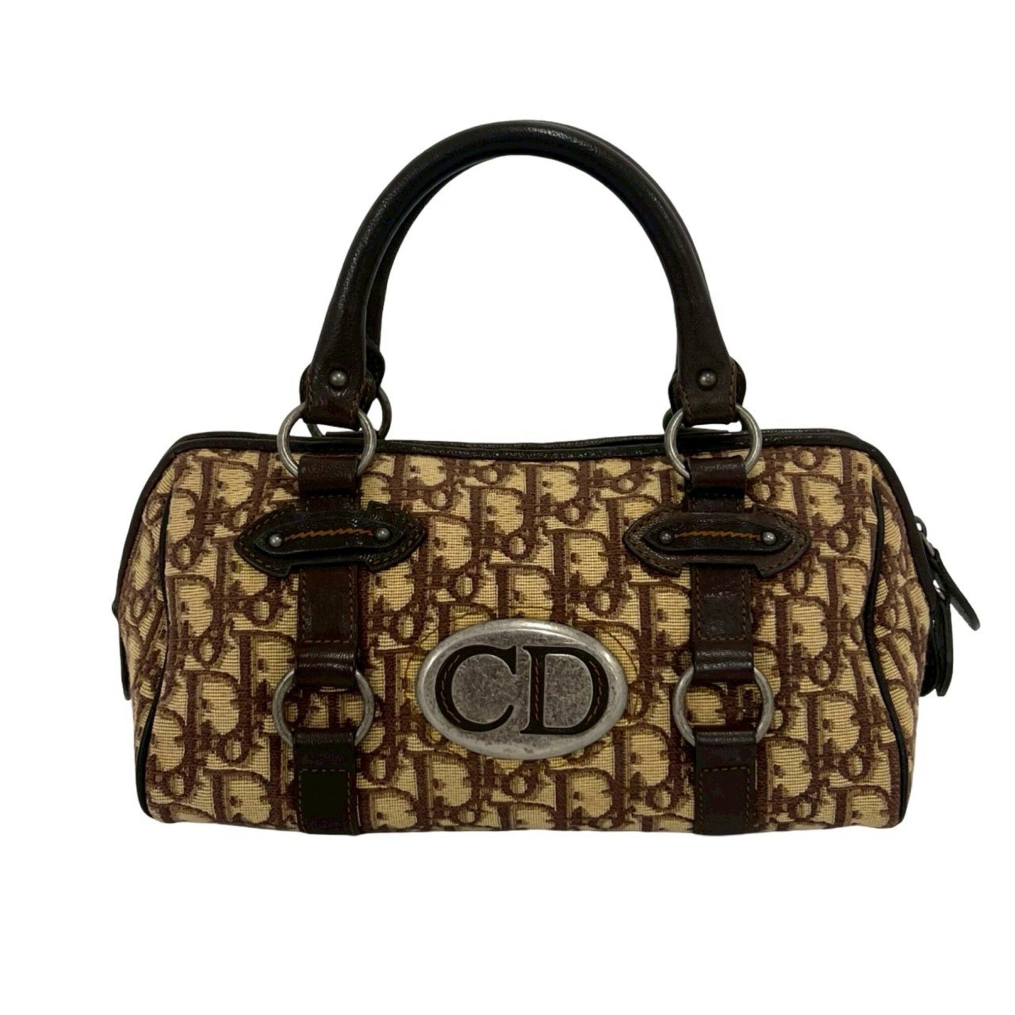 Christian Dior Brown Canvas Leather Boston Bag Handbag (Pre-Owned)