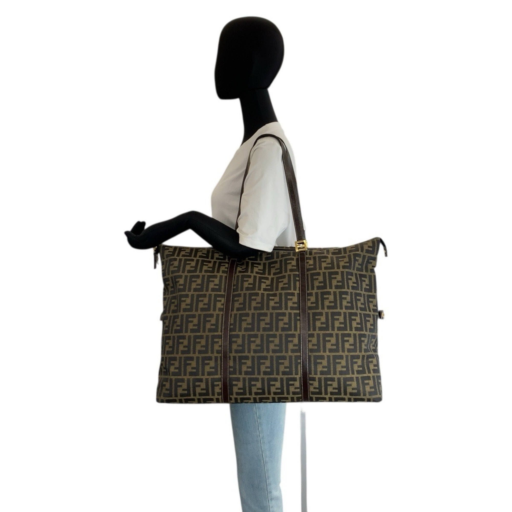 Fendi Anna Brown Canvas Leather Shoulder Bag Tote Bag (Pre-Owned)