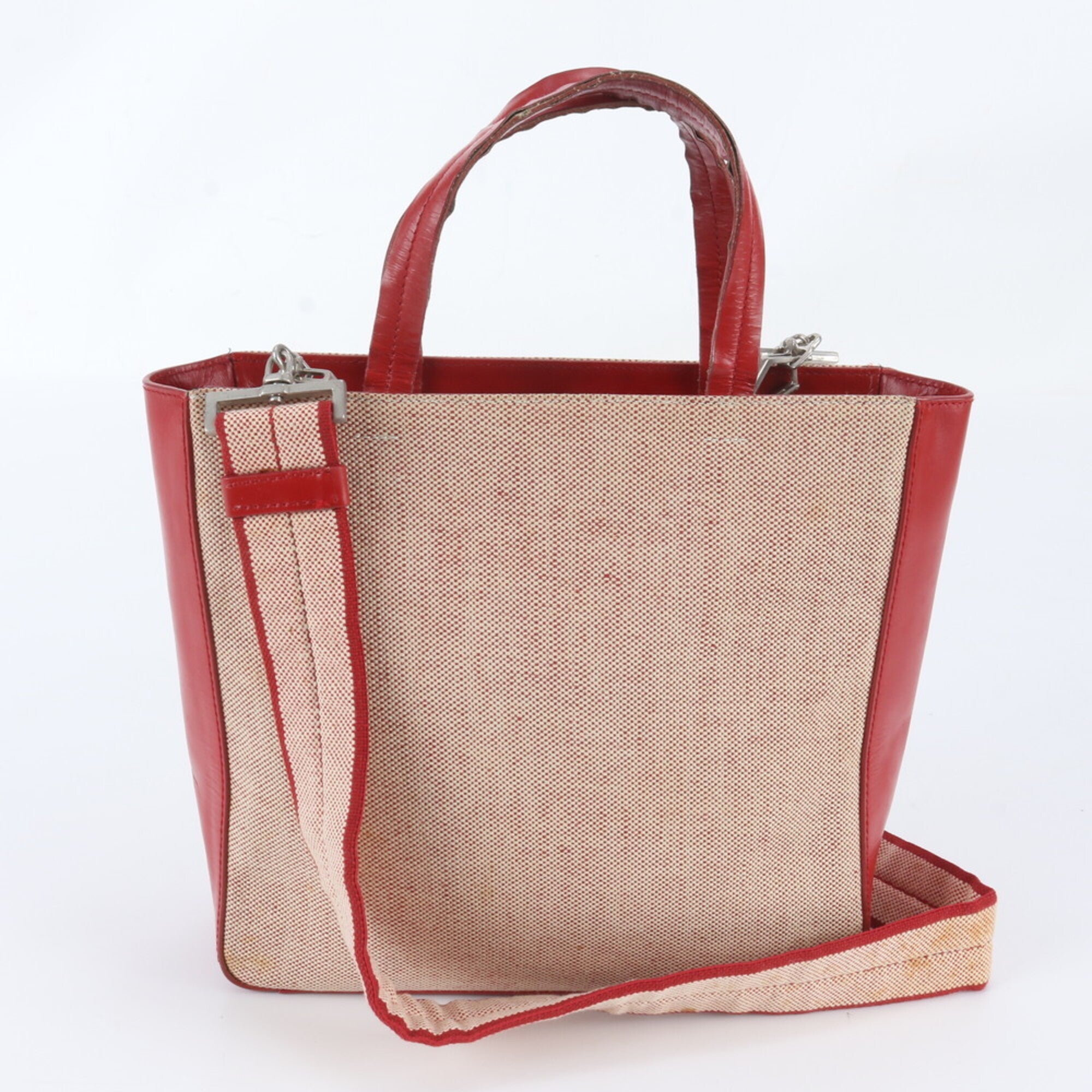 Prada Red Color Leather Canvas Crossbody Bag Handbag Shoulder Bag Tote Bag (Pre-Owned)