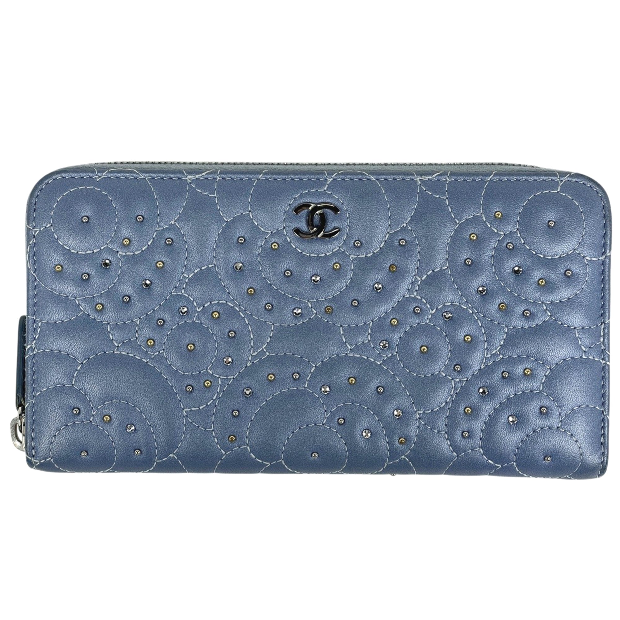 Chanel Camellia Blue Leather Rhinestone Long Wallet (Bi-Fold) (Pre-Owned)