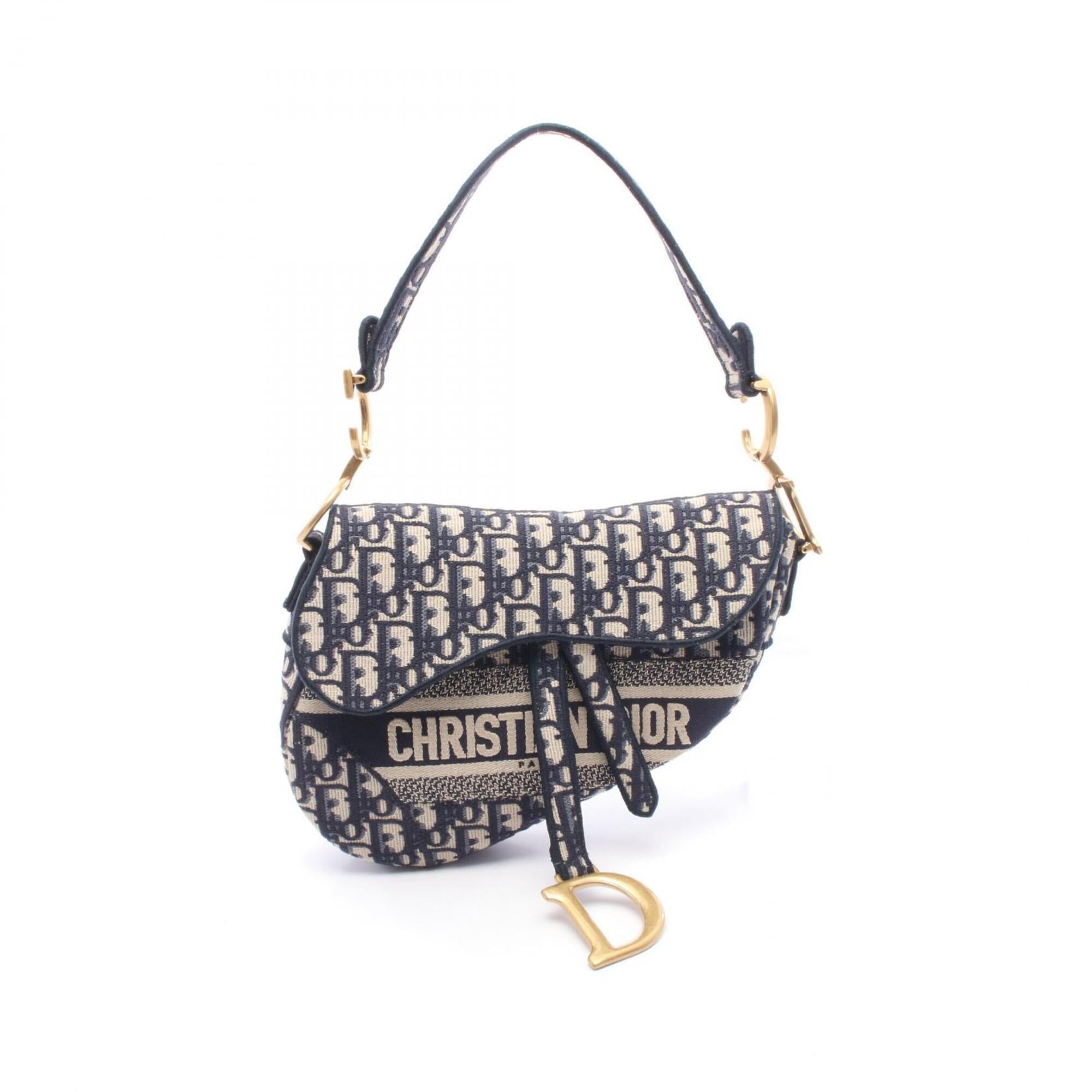Christian Dior Beige Navy Canvas Leather Handbag Saddle Bag (Pre-Owned)