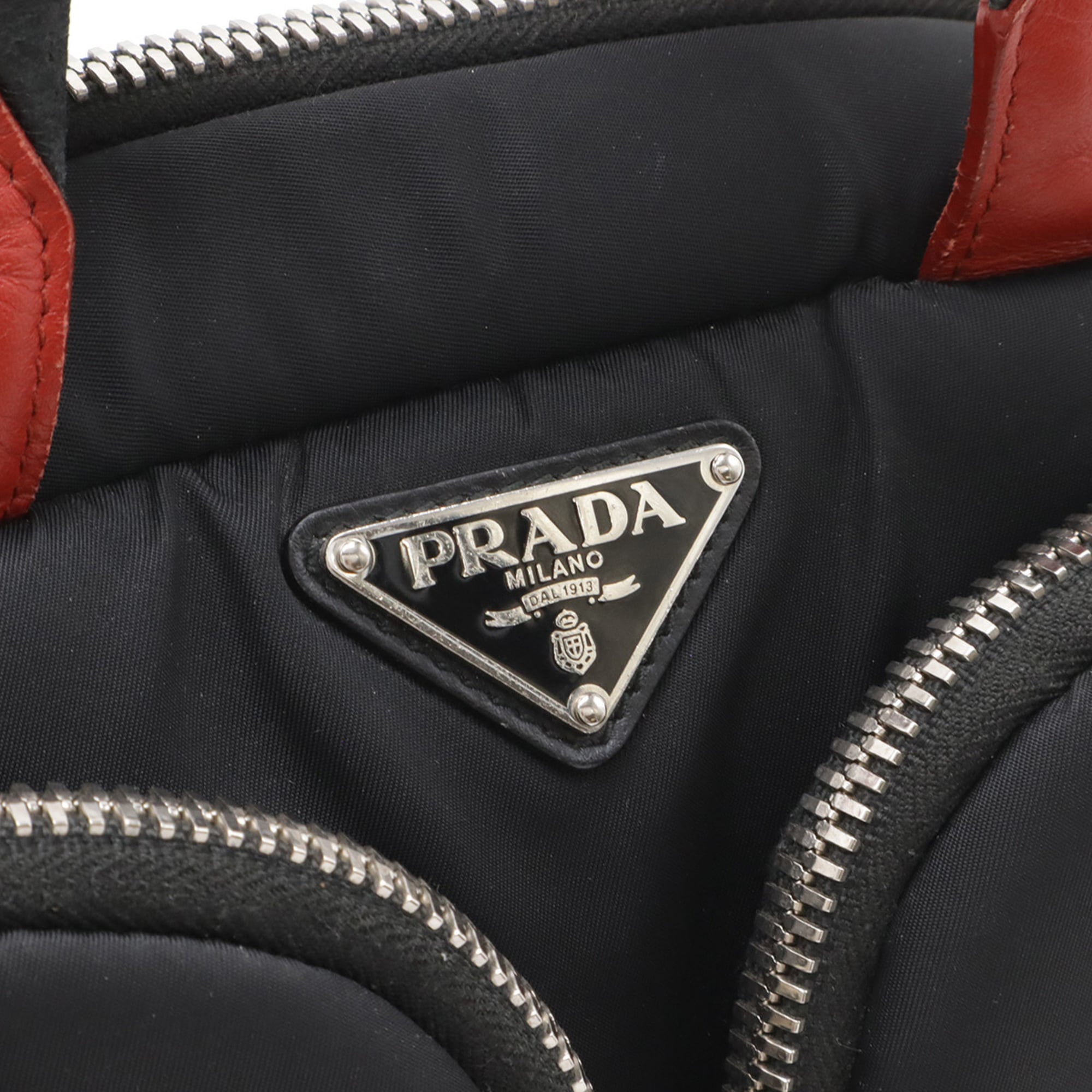 Prada Black Fuoco Nero Red Color Nylon Leather Handbag Shoulder Bag (Pre-Owned)