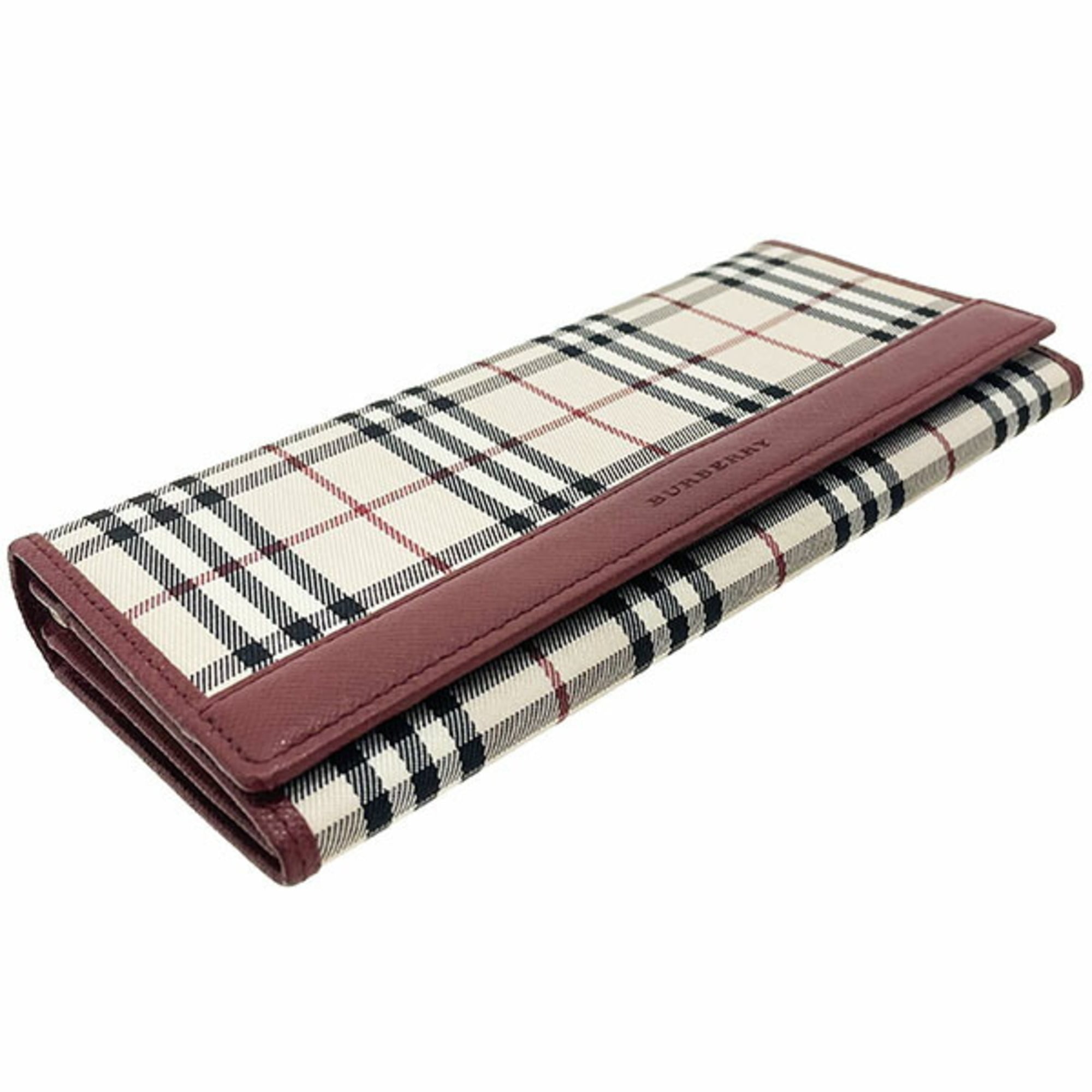 Burberry Beige Wine Canvas Leather Long Wallet (Bi-Fold) (Pre-Owned)