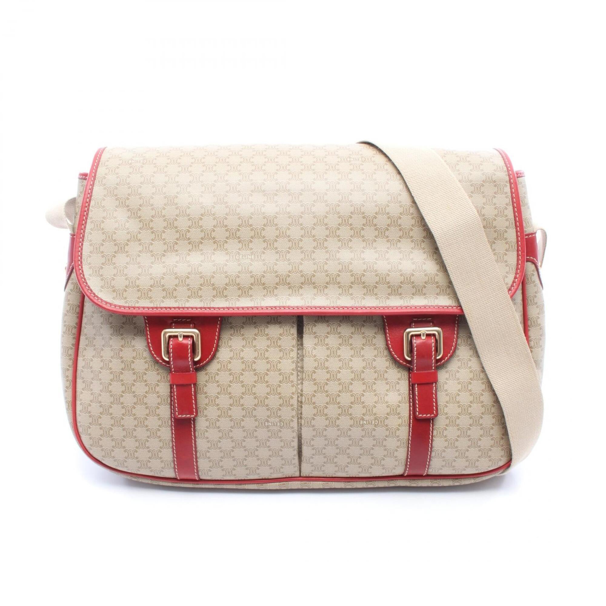 Celine Beige Red Color Coated Canvas Leather Handbag Shoulder Bag (Pre-Owned)