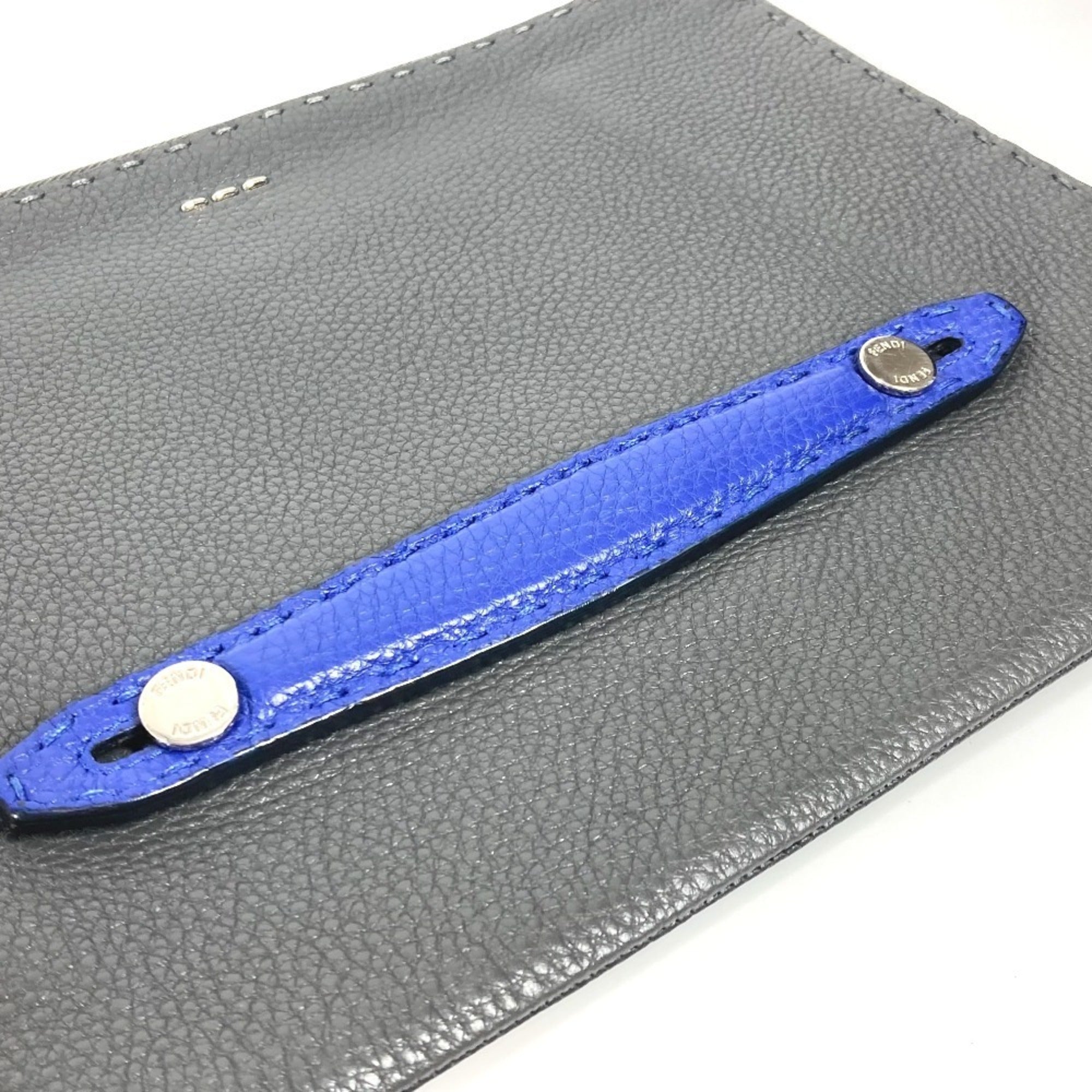 Fendi Selleria Black Blue Dark Gray Leather Clutch Bag Pouch (Pre-Owned)