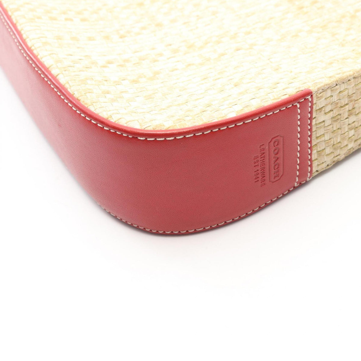 Coach Beige Red Color Raffia Leather Handbag Shoulder Bag (Pre-Owned)