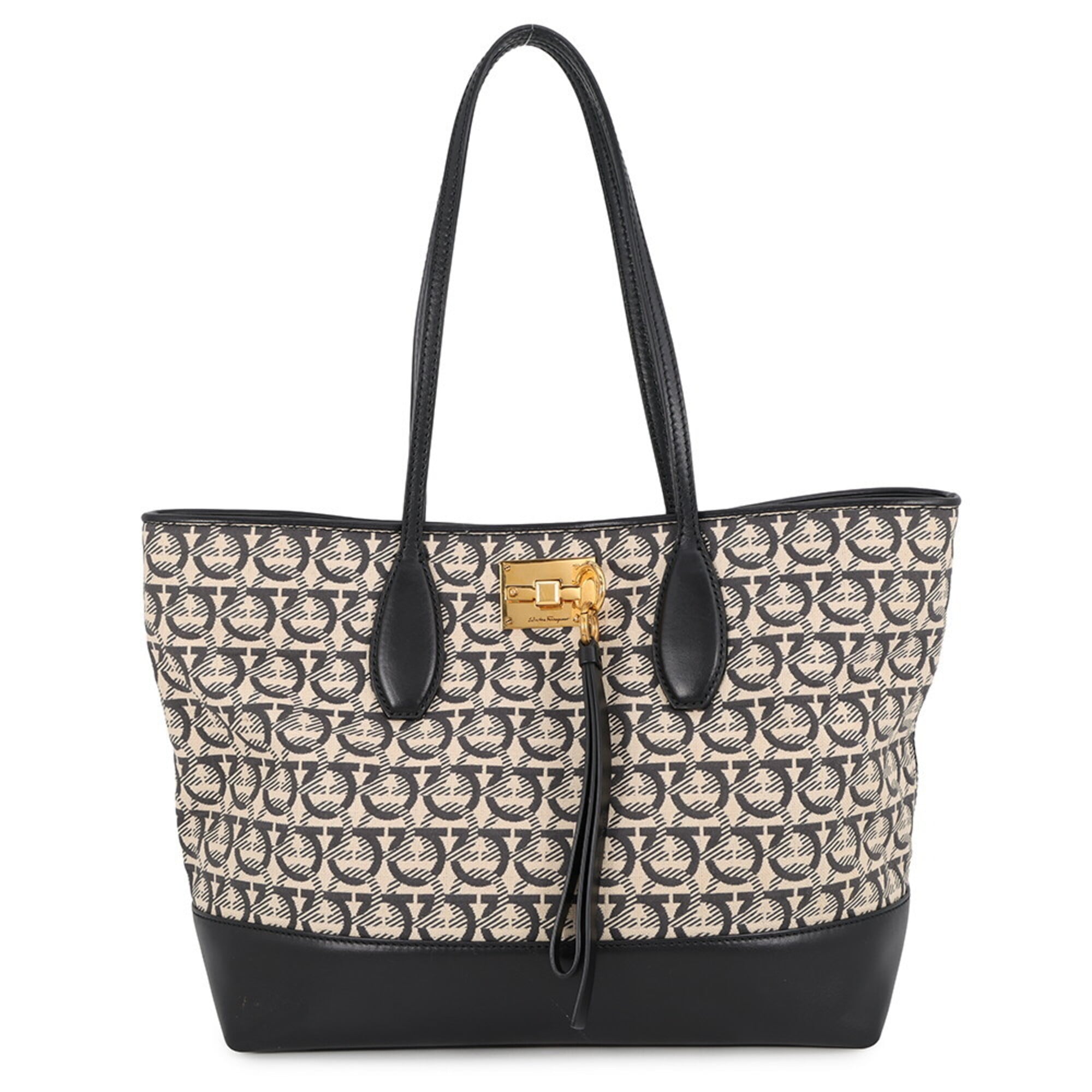 Salvatore Ferragamo Beige Black Canvas Leather Handbag Pouch Tote Bag (Pre-Owned)