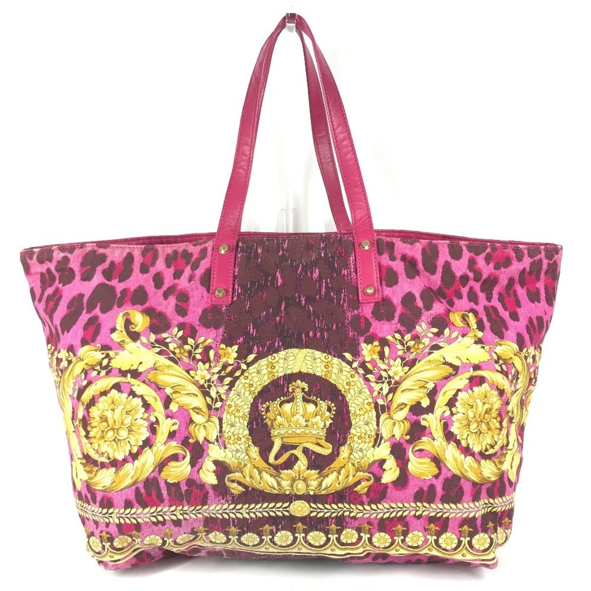 Versace Pink Yellow Leather Canvas Shoulder Bag Tote Bag (Pre-Owned)