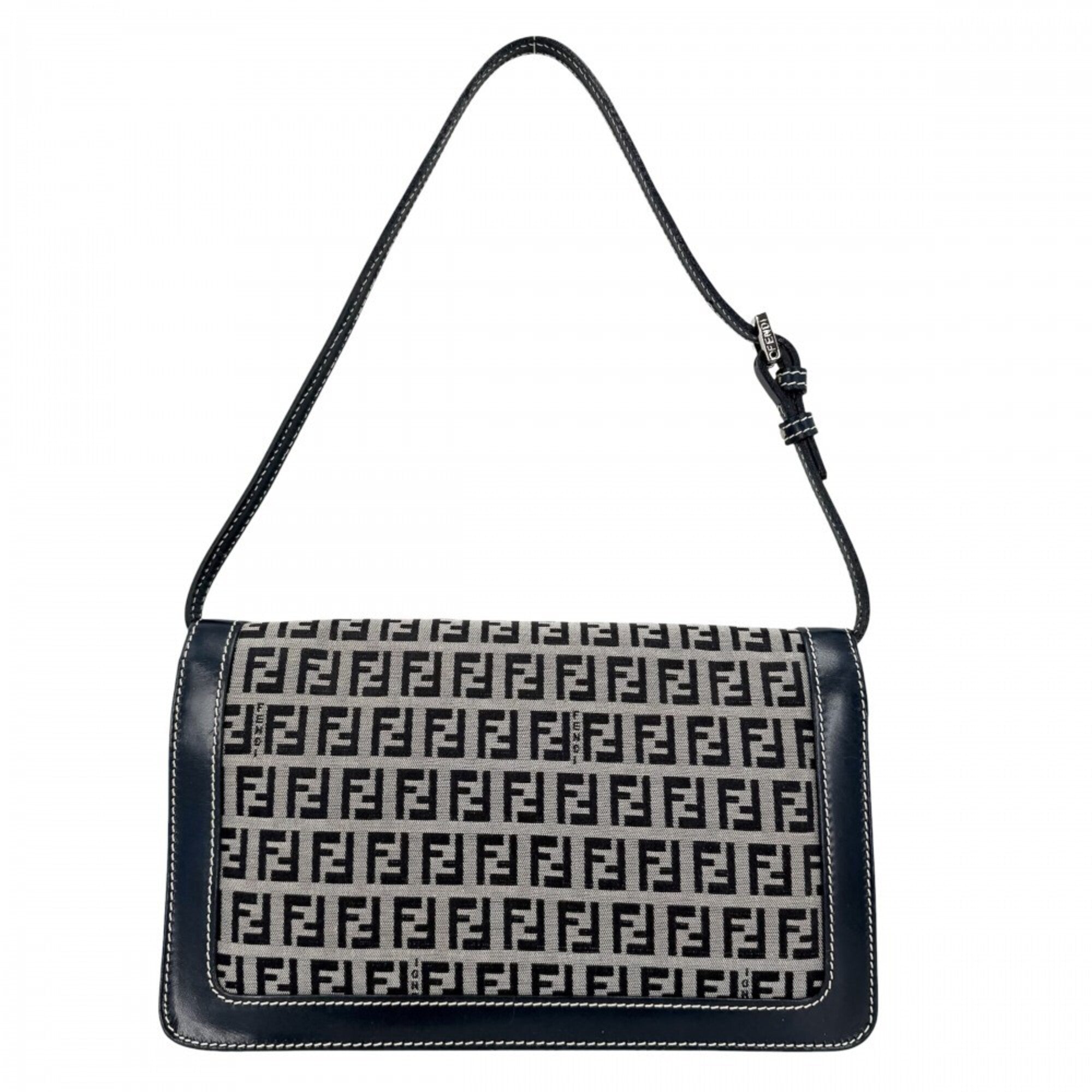 Fendi Zucchino Navy Canvas Leather Handbag Shoulder Bag (Pre-Owned)