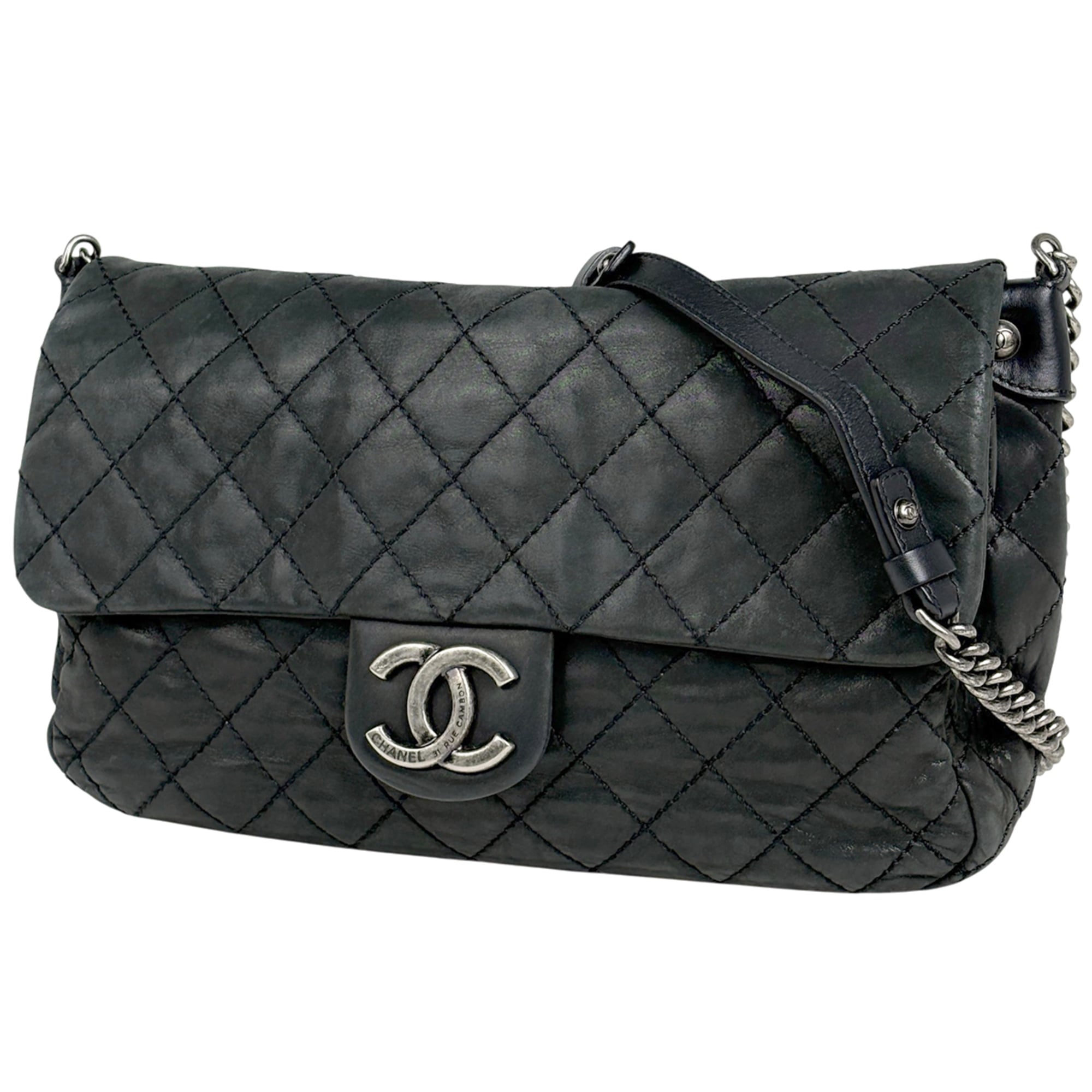 Chanel Wild Stitch Black Fabric Leather Shoulder Bag (Pre-Owned)