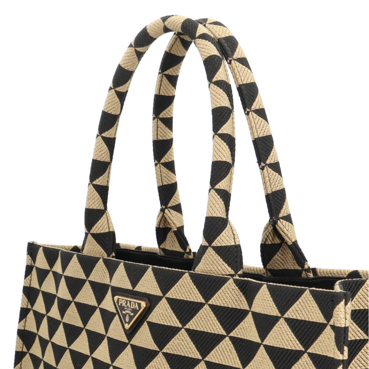 Prada Beige Black Fabric Leather Handbag Tote Bag (Pre-Owned)