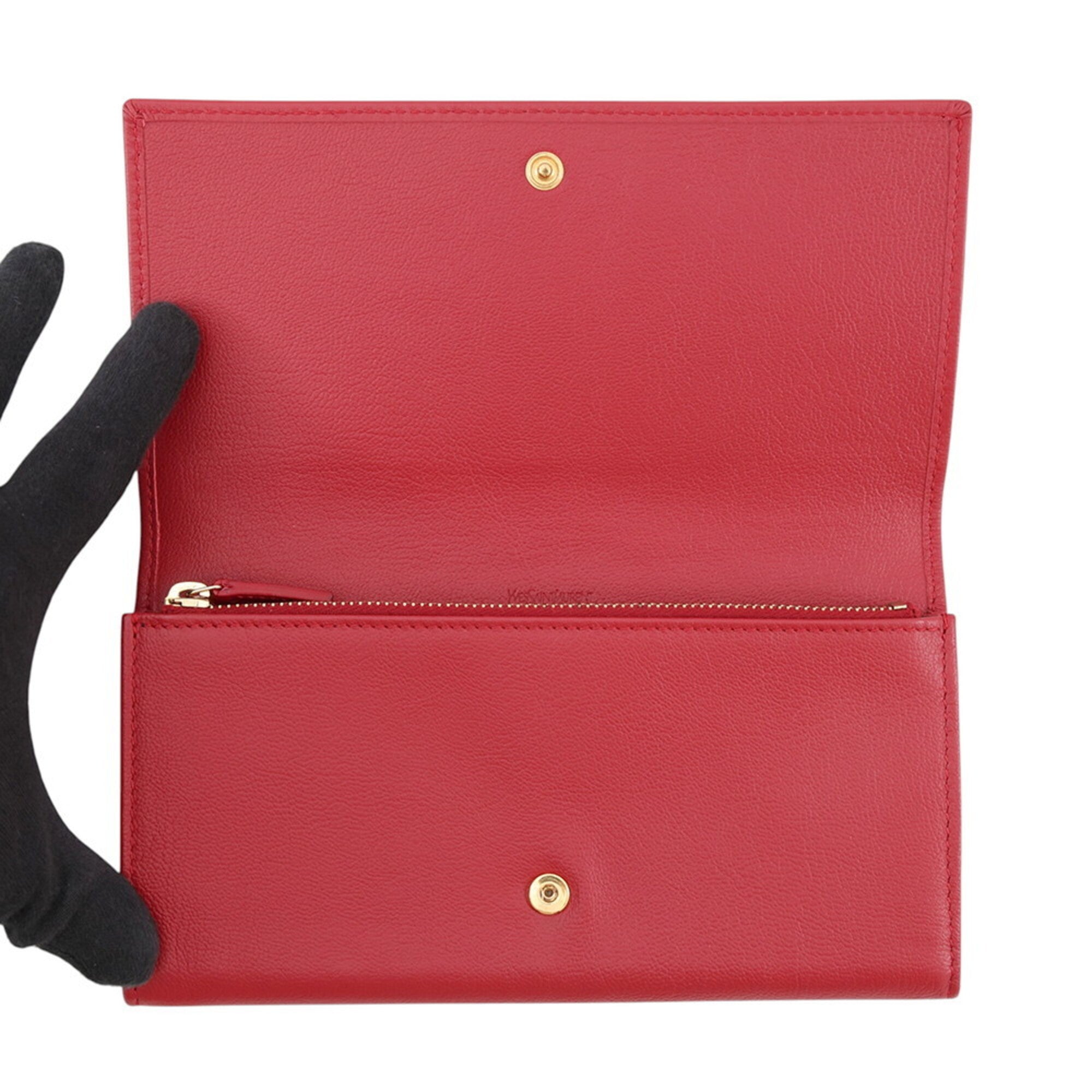 Yves Saint Laurent Red Color Leather Long Wallet (Bi-Fold) (Pre-Owned)